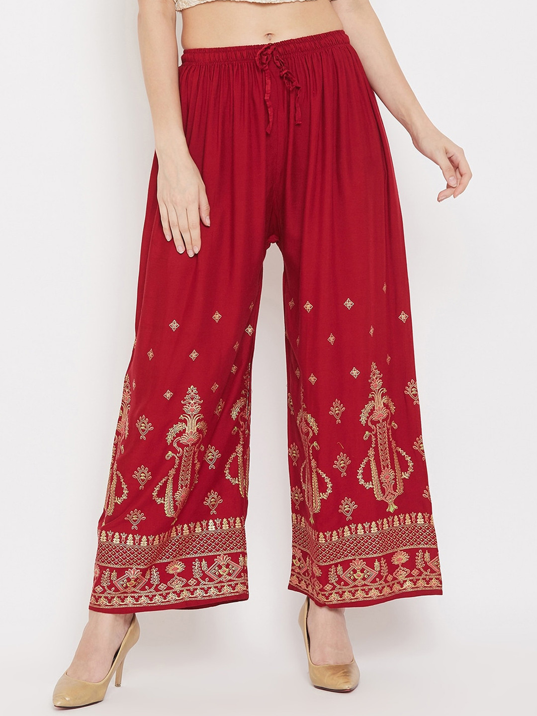 

Clora Creation Women Red & Gold-Toned Hem Design Straight Palazzos