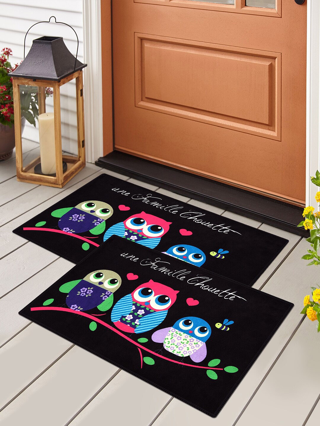 

Story@home Set of 2 Black & Pink Velvet Anti-Skid Doormats