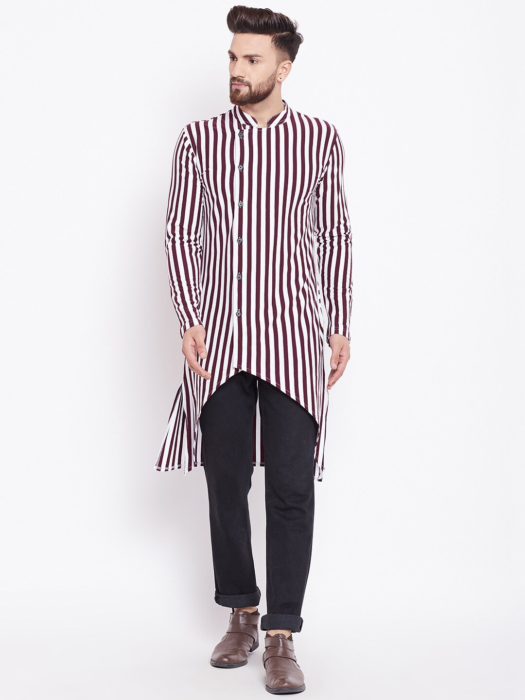 

CHILL WINSTON Men Maroon & White Striped Kurta