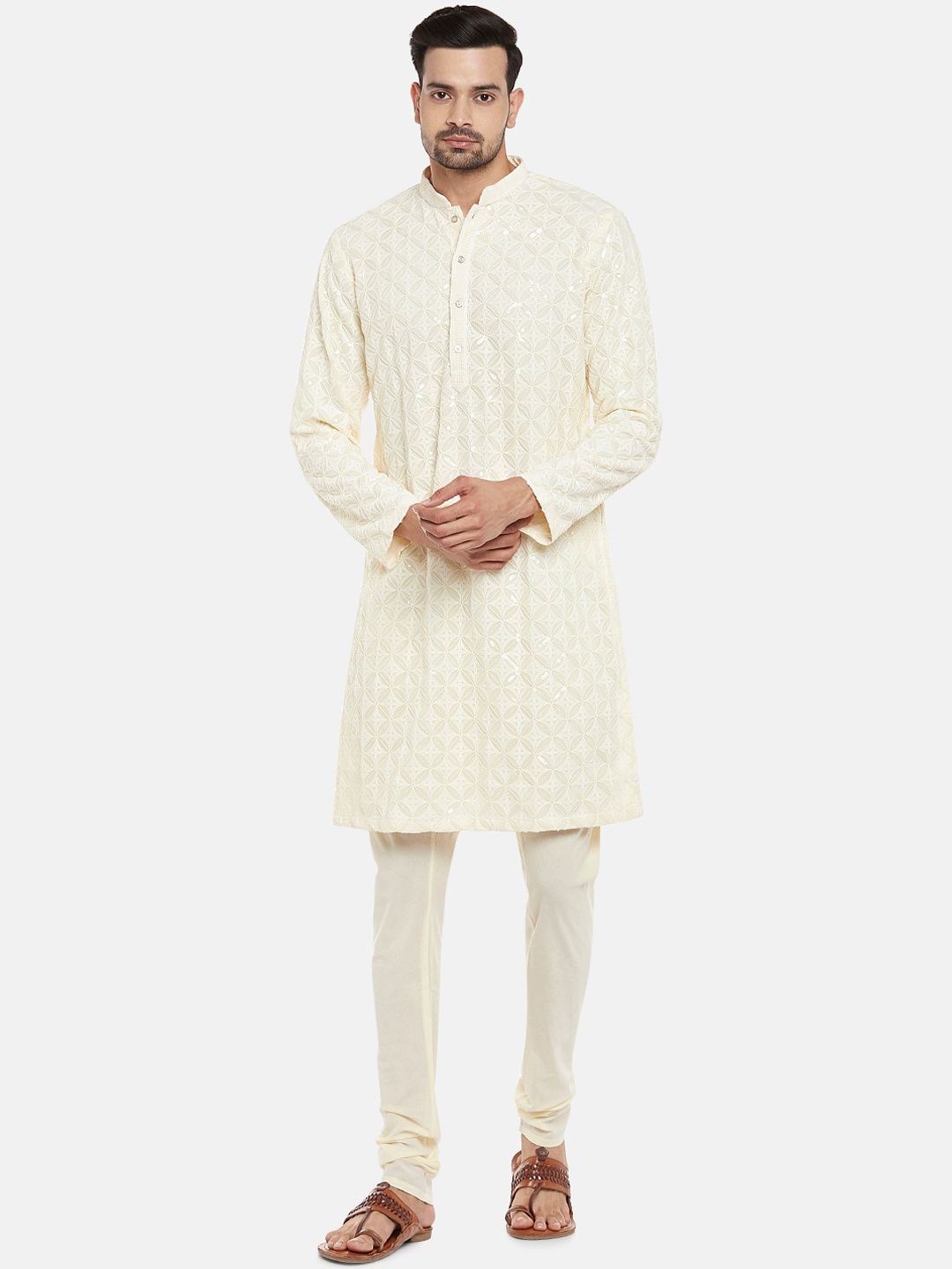 

Ethnicity Men Cream-Coloured Embroidered Kurta with Churidar