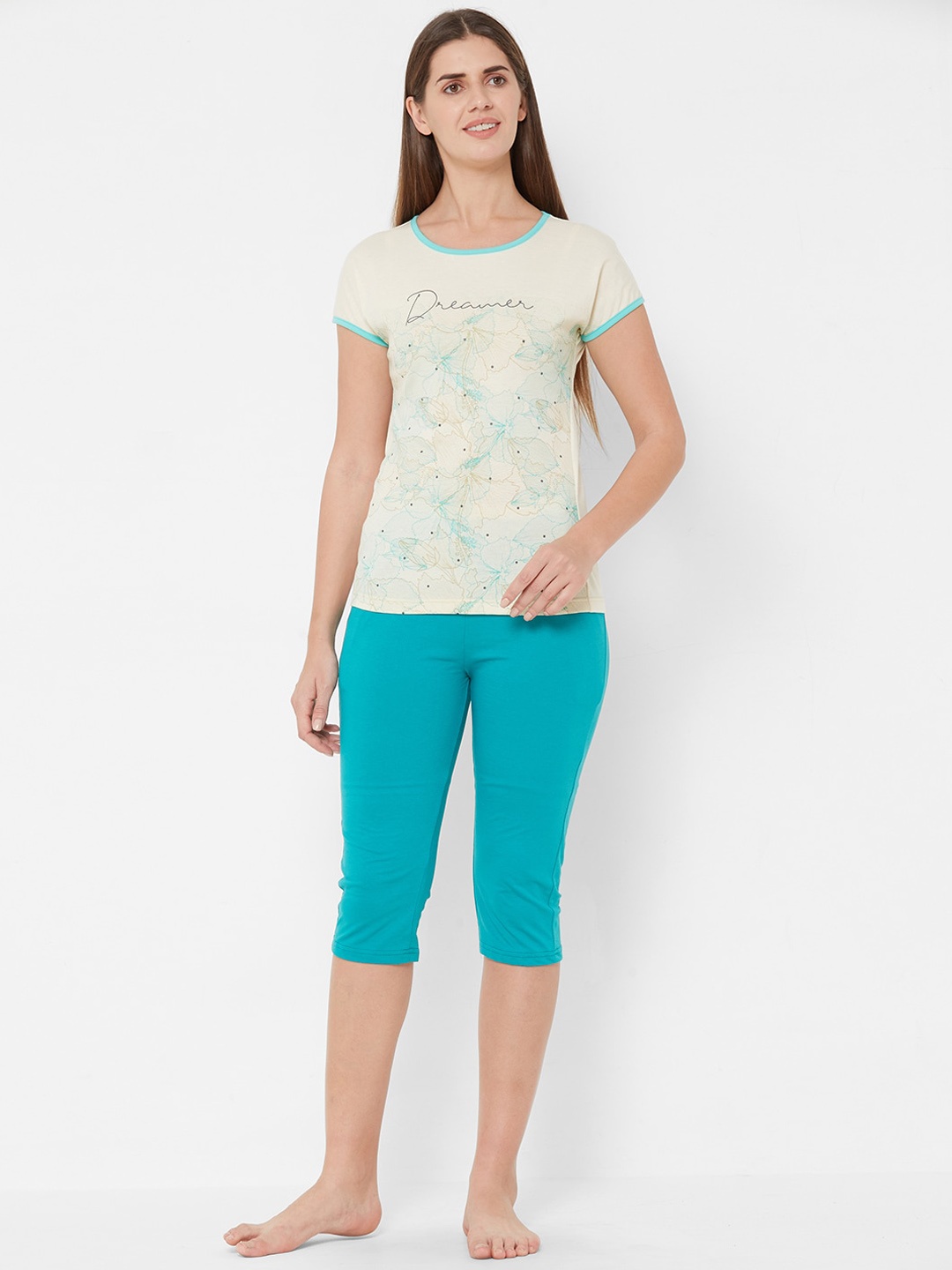 

Sweet Dreams Women Cream-Coloured & Blue Printed Night suit