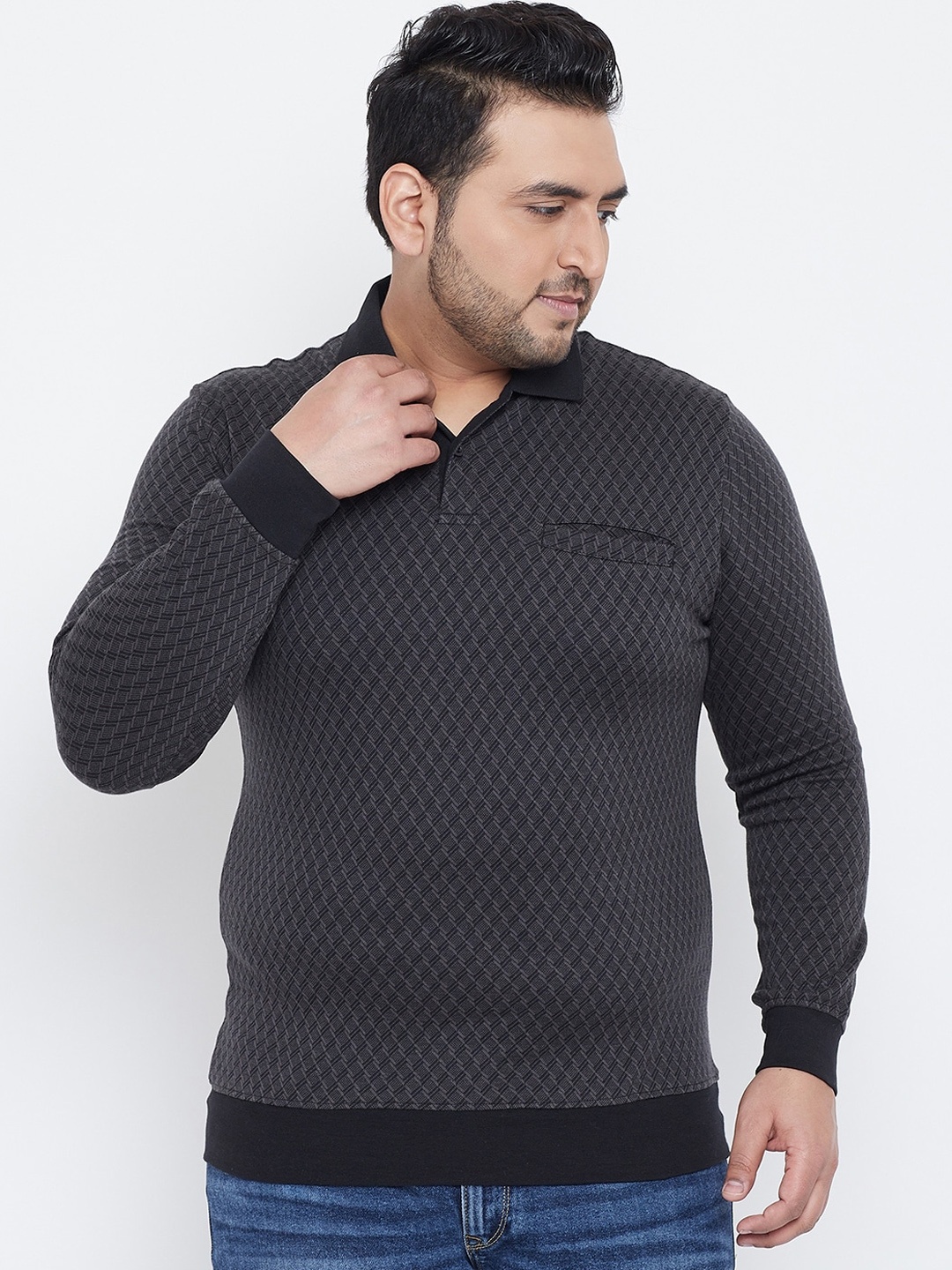 

Austin wood Men Charcoal Grey Self Design Polo Collar T-shirt