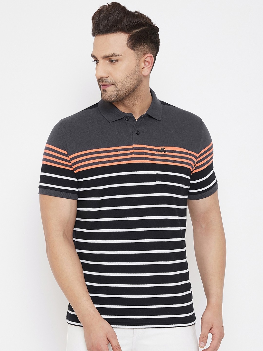 

98 Degree North Men Grey Striped Polo Collar T-shirt