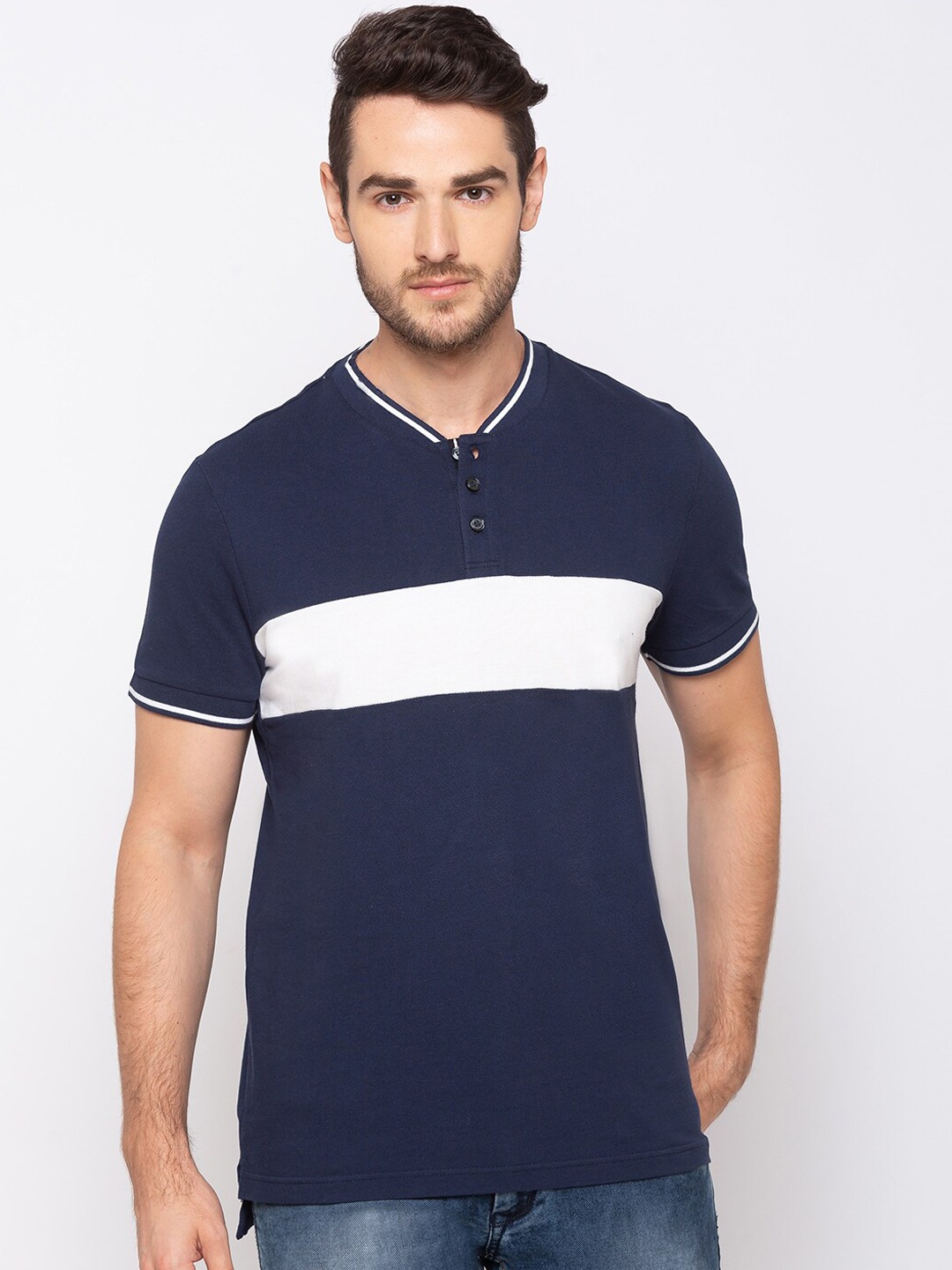 Kenneth Cole Men Blue Colourblocked Henley Neck T-shirt
