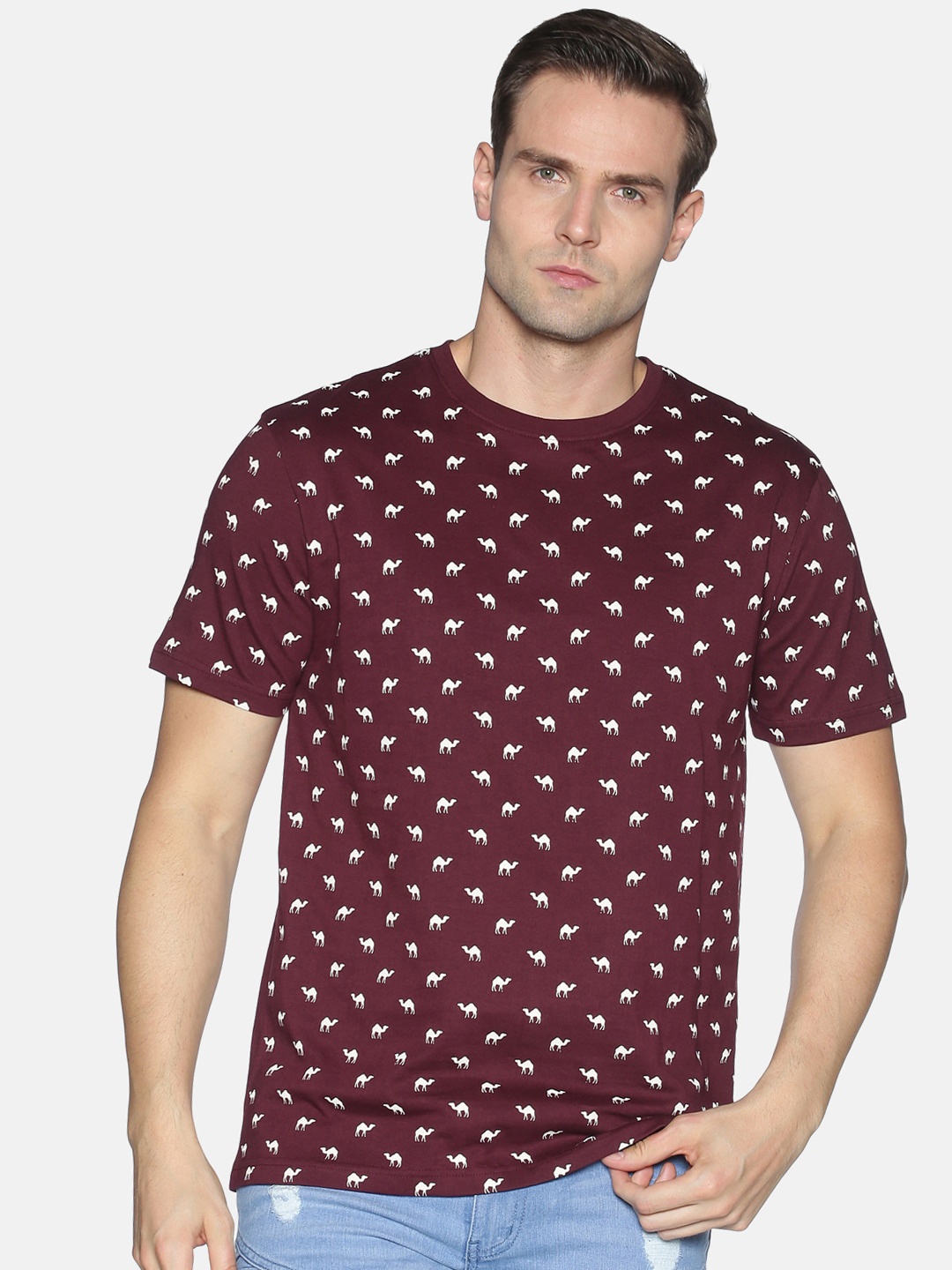 

UrGear Men Burgundy Printed Round Neck T-shirt