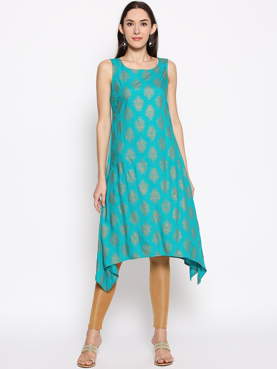 

RANGMANCH BY PANTALOONS Women Blue & Gold-Toned Ethnic Motifs Printed Kurta