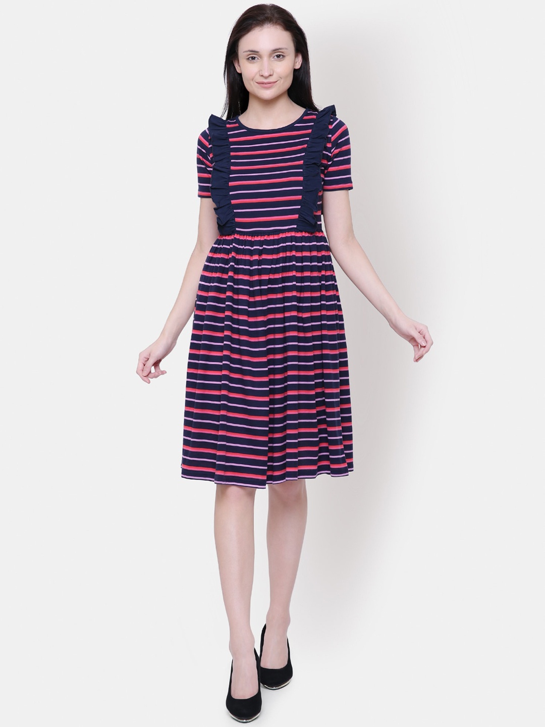 

Yaadleen Women Navy Blue & Pink Striped Fit and Flare Dress