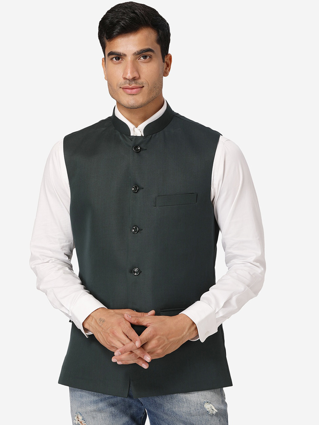 

Wintage Men Green Solid Satin Nehru Jacket