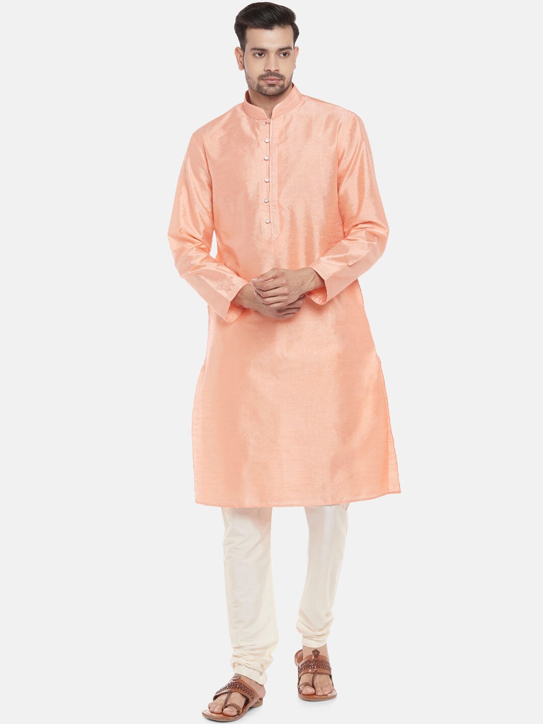 

Ethnicity Men Peach-Coloured & Off-White Solid Kurta with Churidar