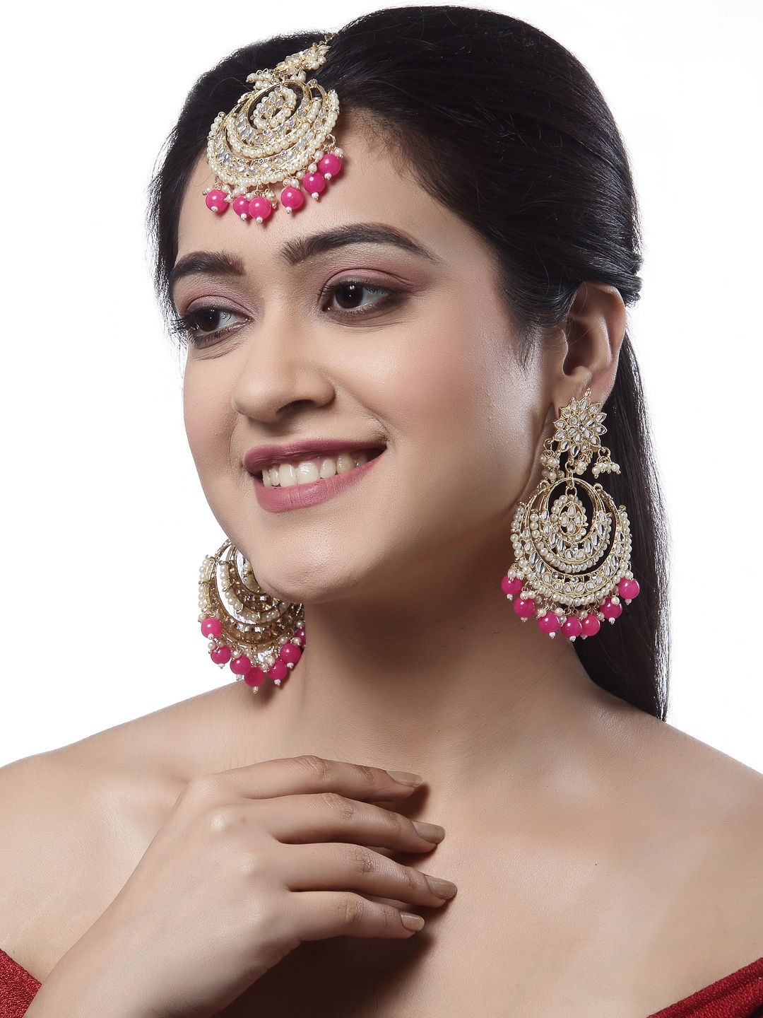 Shining Diva 18k Gold-Plated Pink & White Kundan-Studded Beaded Antique Jewellery Set
