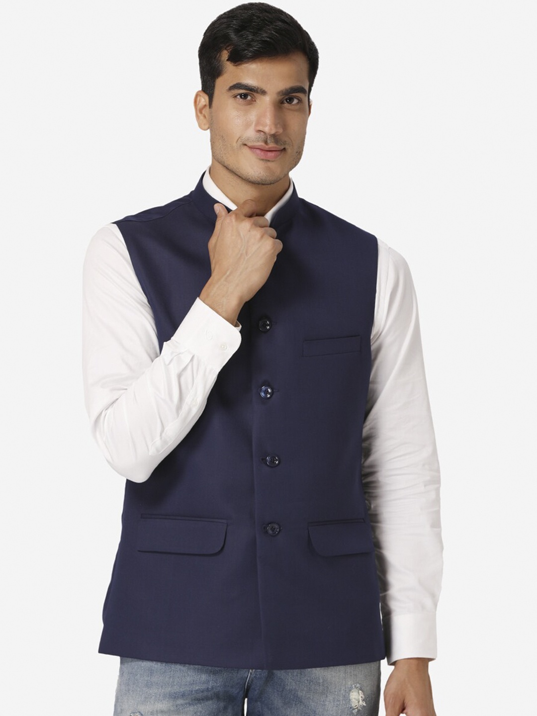 

Wintage Men Navy Blue Solid Satin Nehru Jacket