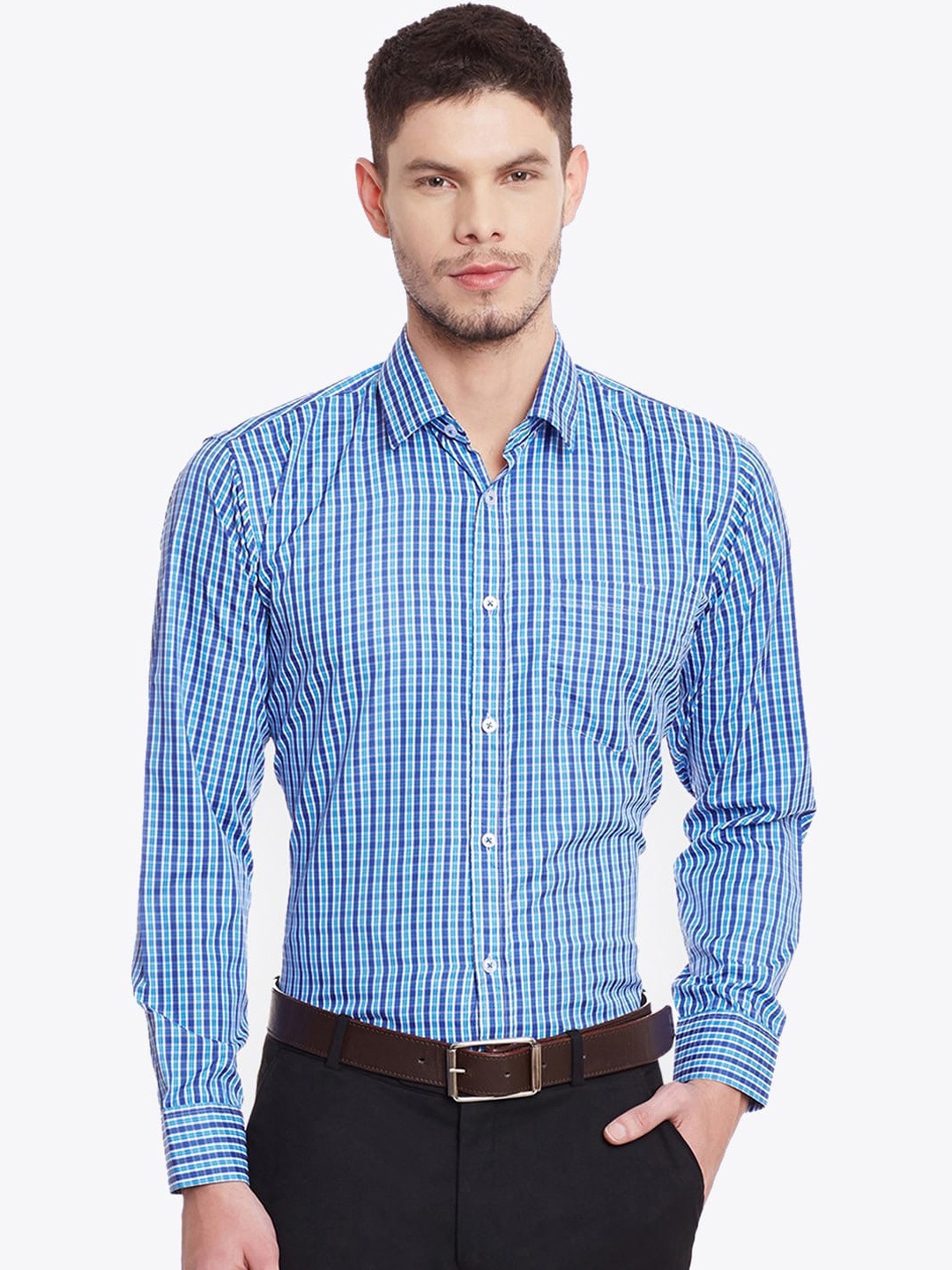 

English Navy Men Green & Blue Slim Fit Checked Formal Shirt