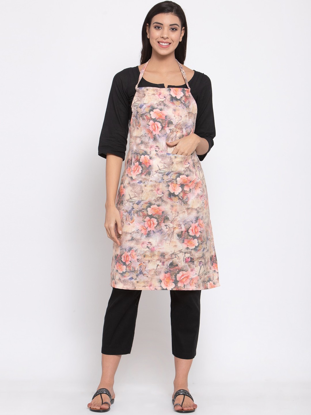 

KLOTTHE Pink& Grey Floral Printed Cotton Apron