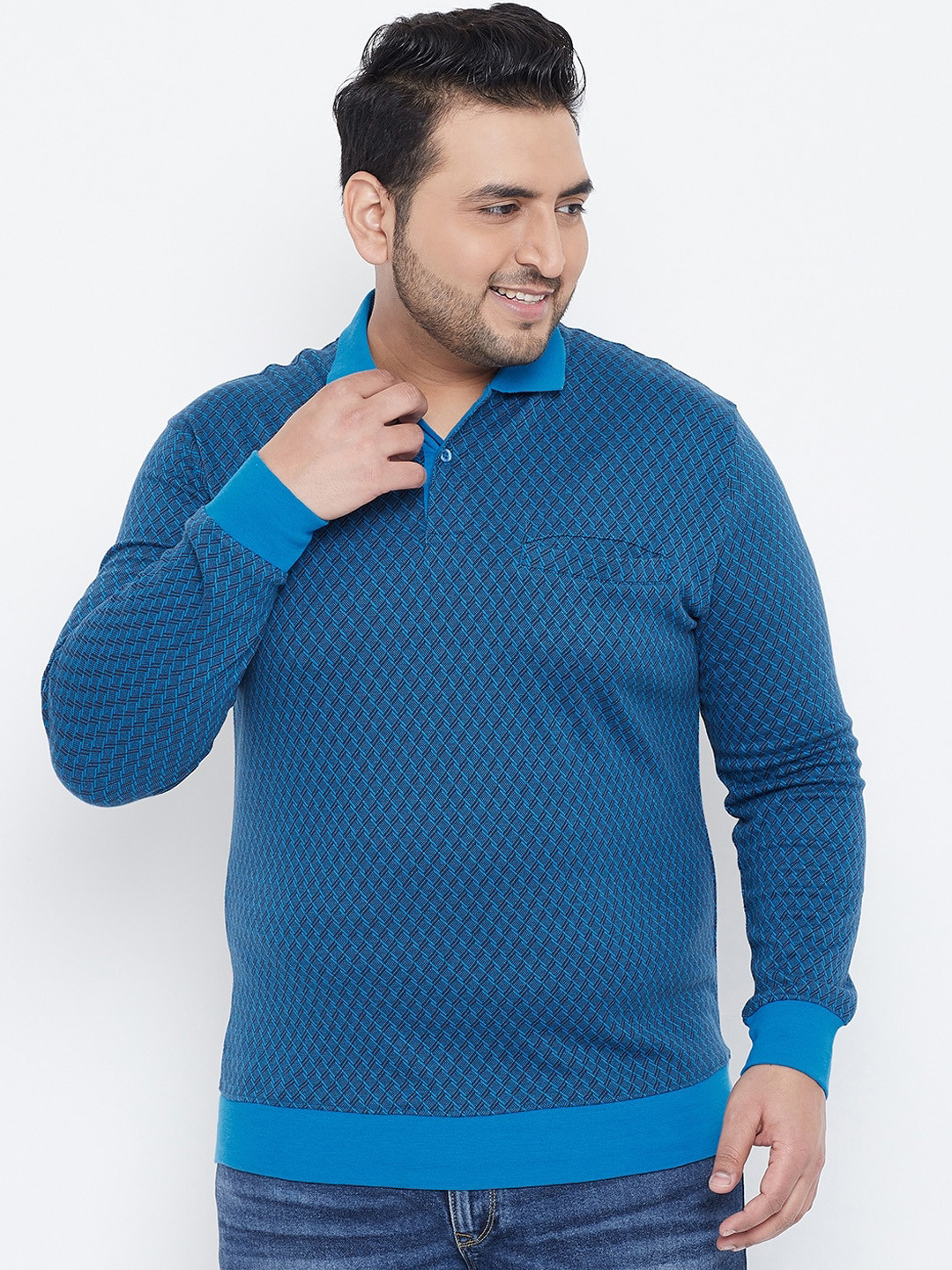 

Austin wood Men Blue Self Design Polo Collar T-shirt