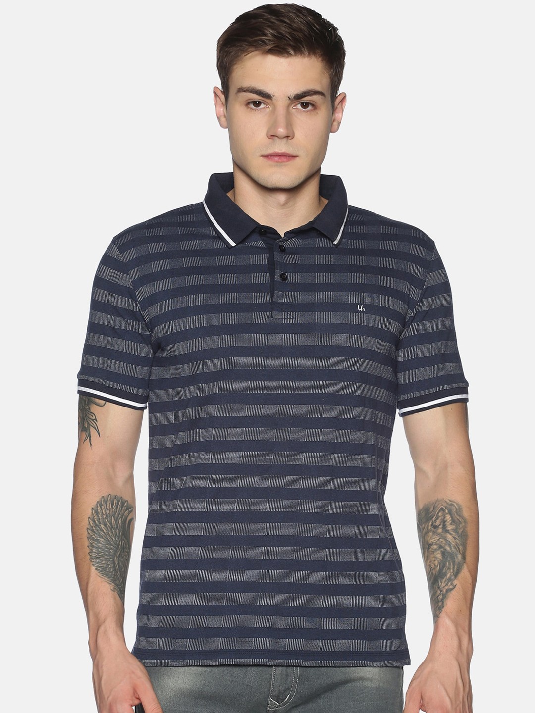 

UrGear Men Navy & White Blue Striped Polo Collar T-shirt, Navy blue