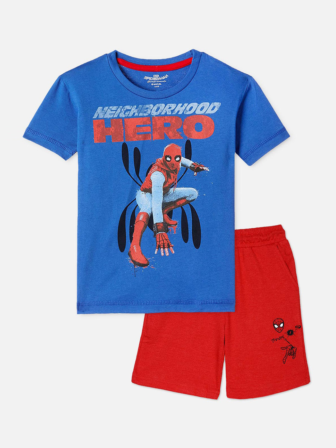 

Kids Ville Boys Blue & Blue Spider-Man Print T-shirt with Shorts, Multi