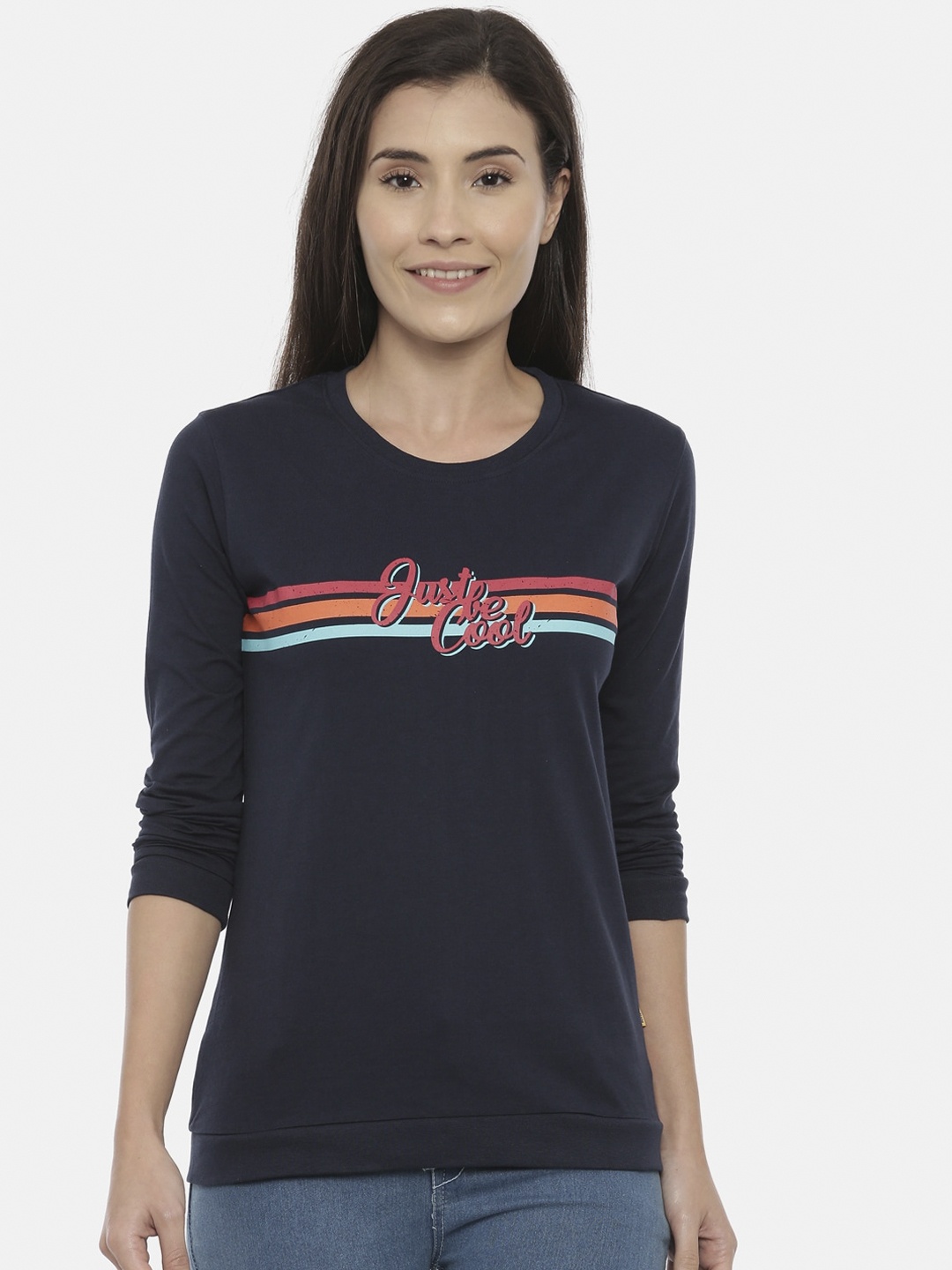 3PIN Women Navy Blue Printed Round Neck T-shirt
