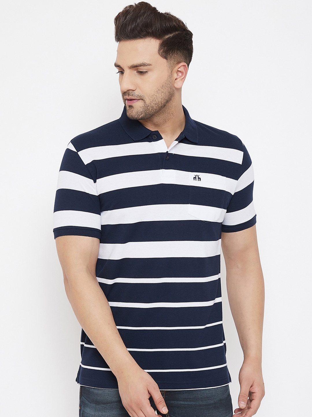 

98 Degree North Men Navy Blue Striped Polo Collar T-shirt