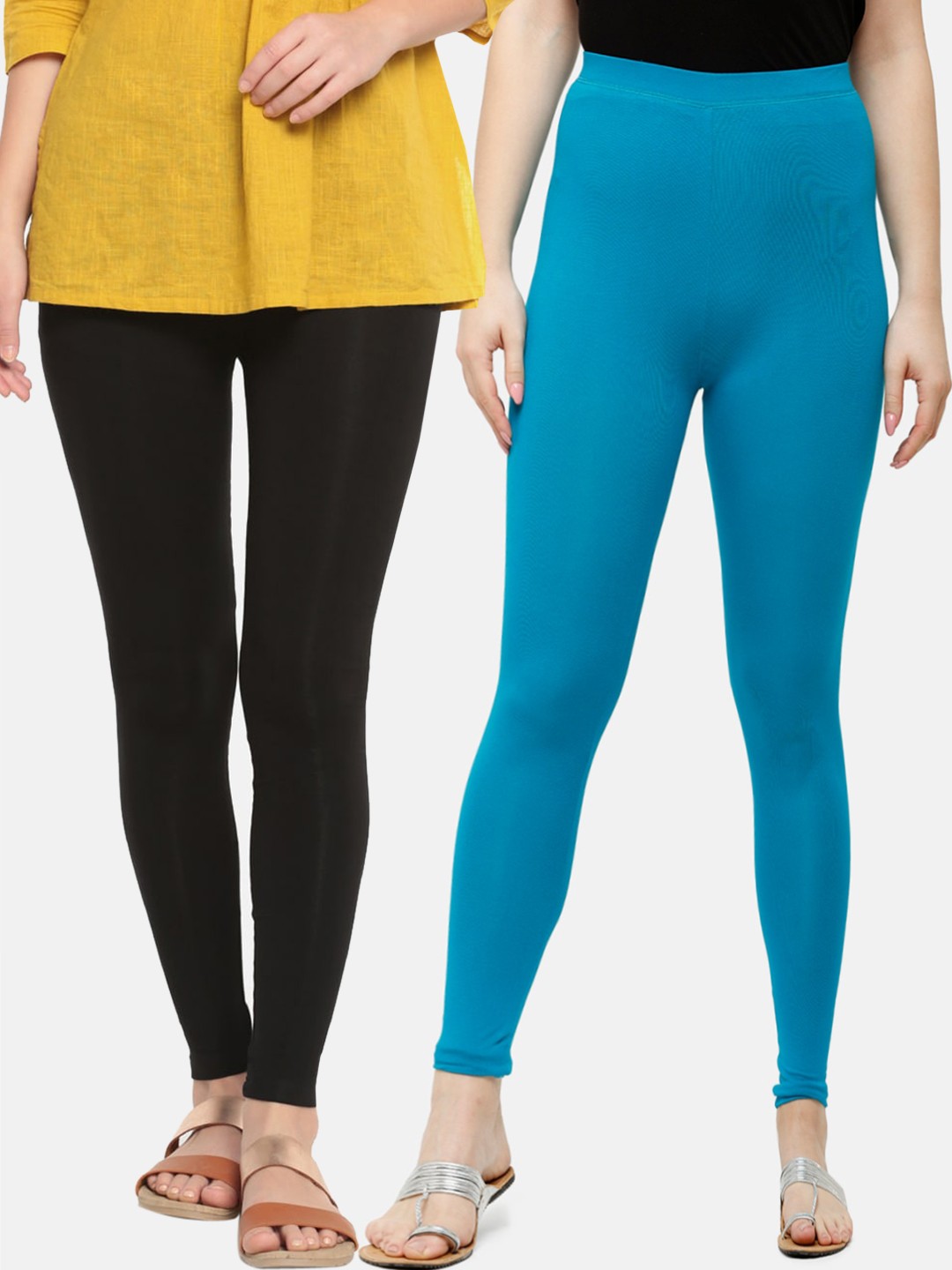 

De Moza Women Pack Of 2 Black & Blue Solid Ankle-Length Leggings