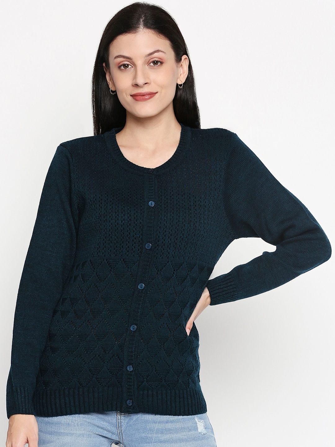 

RANGMANCH BY PANTALOONS Women Navy Blue Self Design Cardigan Sweater