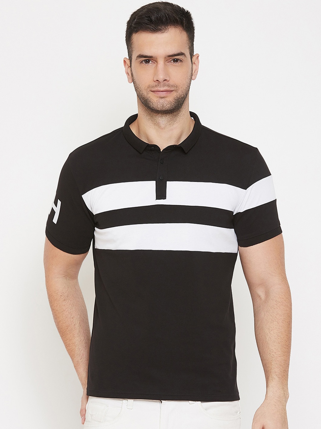 

QUBIC Men Black Striped Polo Collar T-shirt