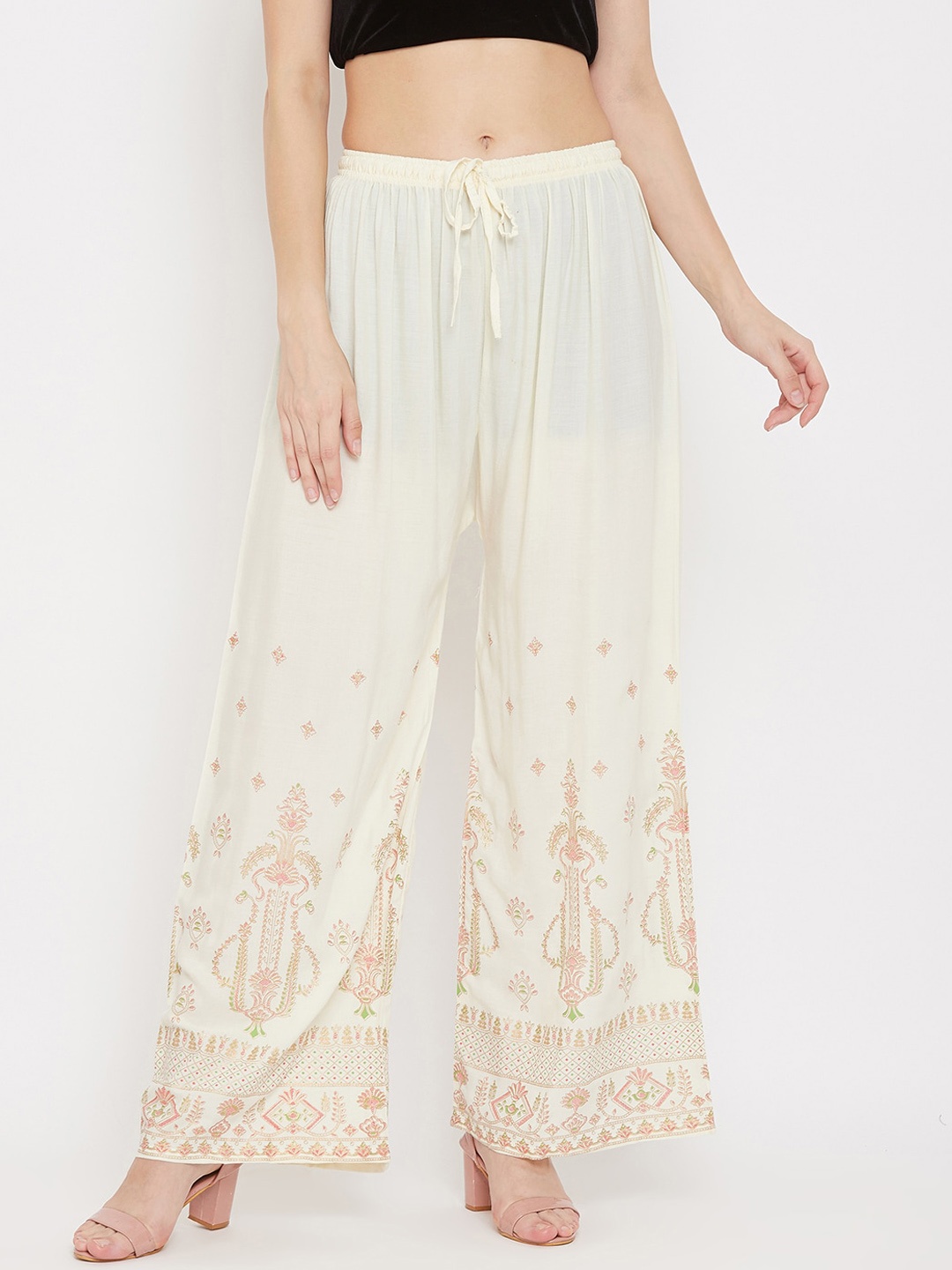 

Clora Creation Women Cream-Coloured & Pink Printed Straight Palazzos