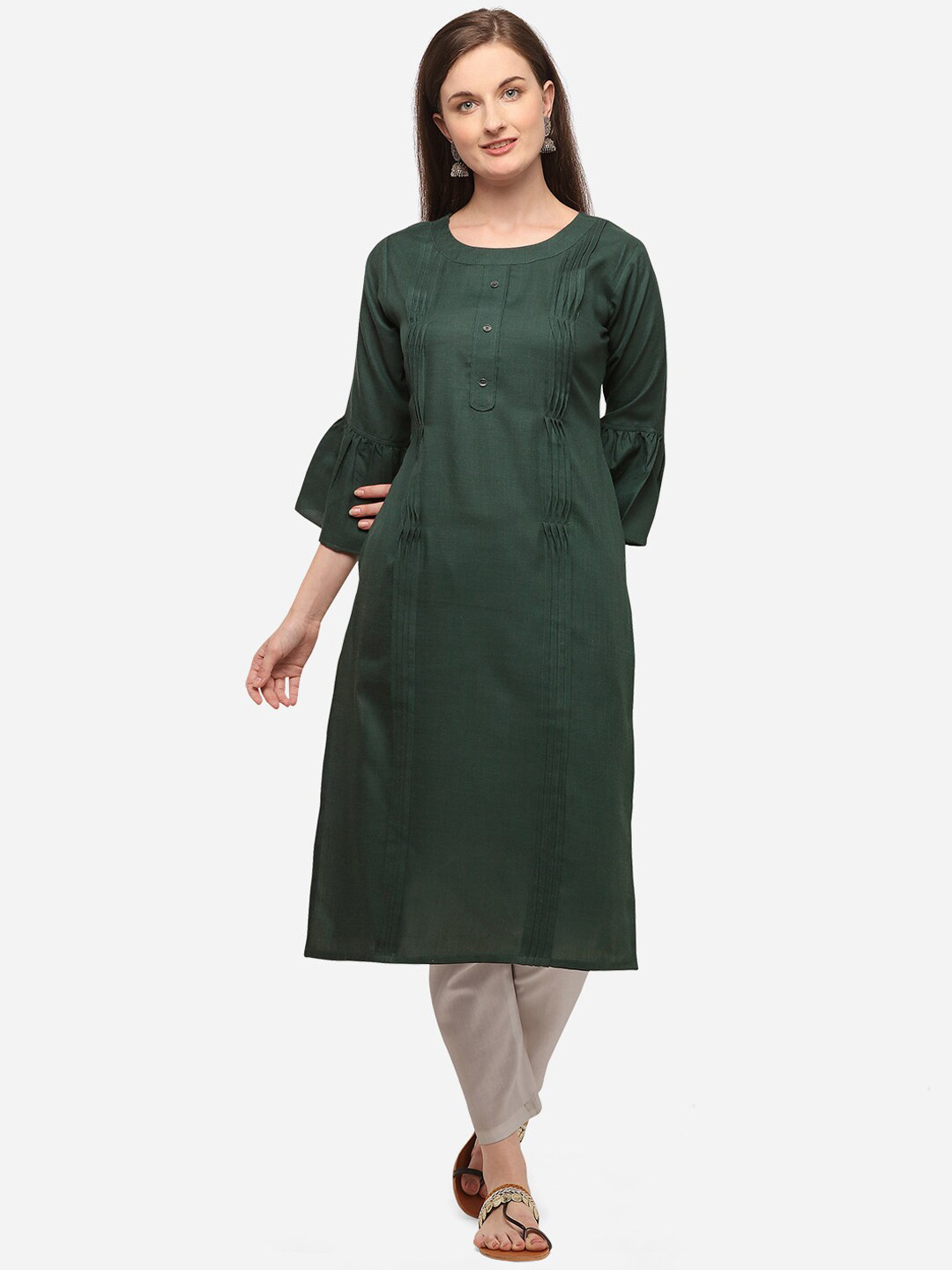 

SheWill Women Green Bell Sleeves Kurta