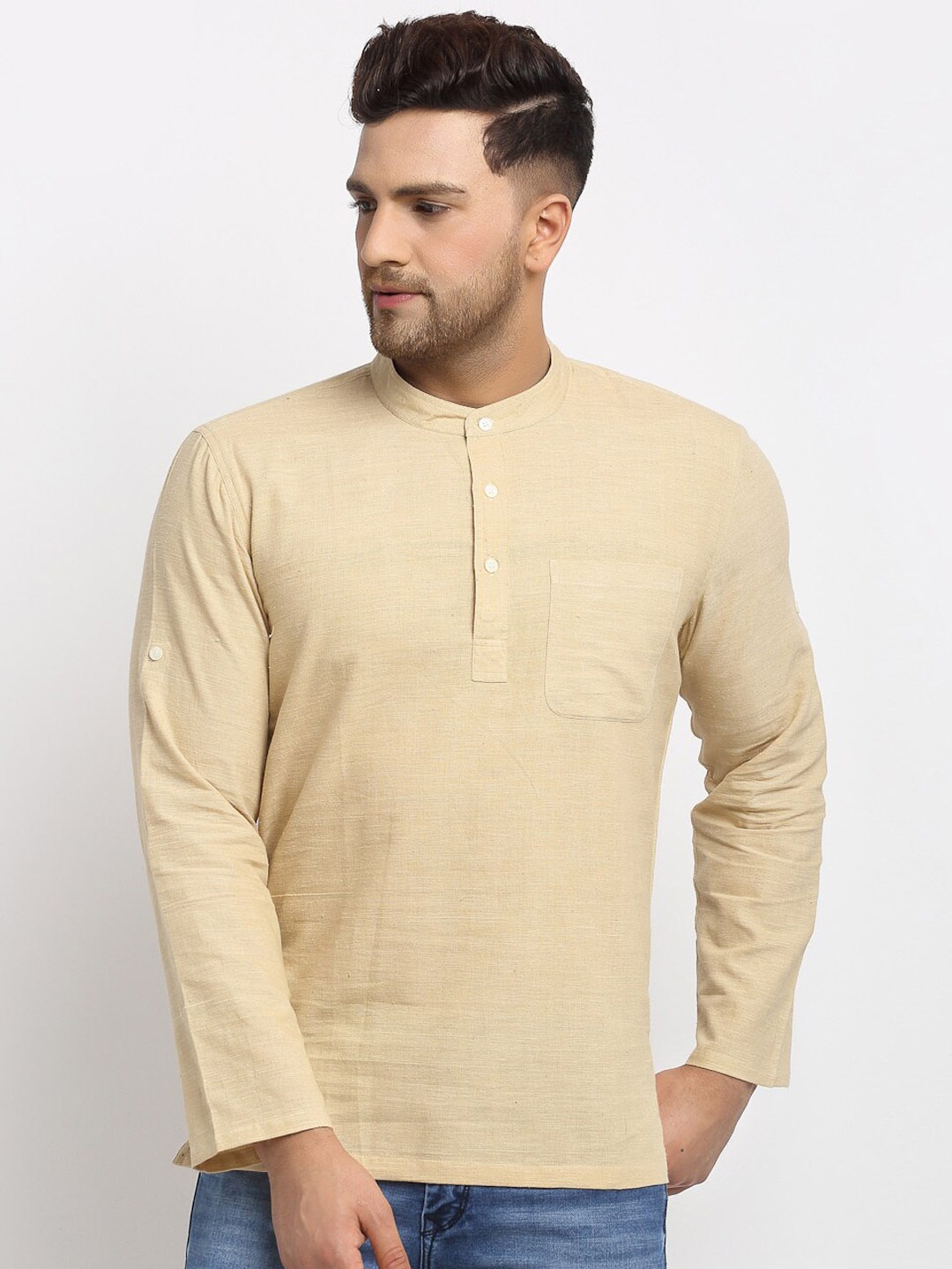 

NEUDIS Men Beige Keyhole Neck Handloom Kurta