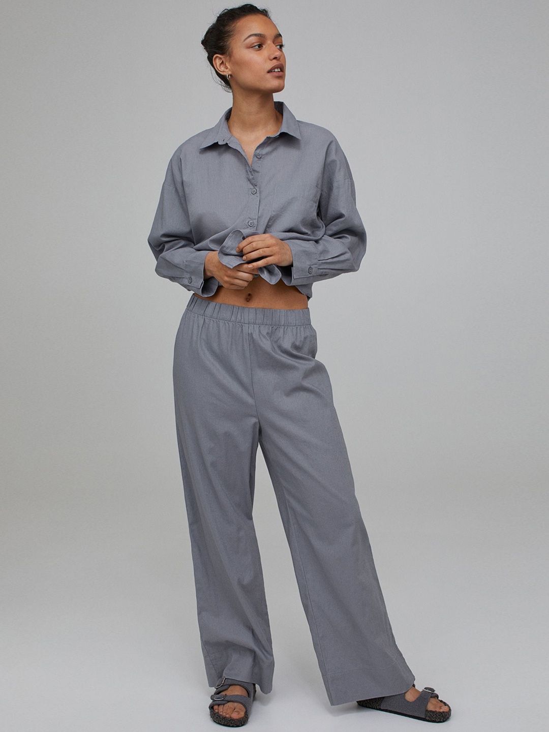 

H&M Women Grey Linen-Blend Night Suit
