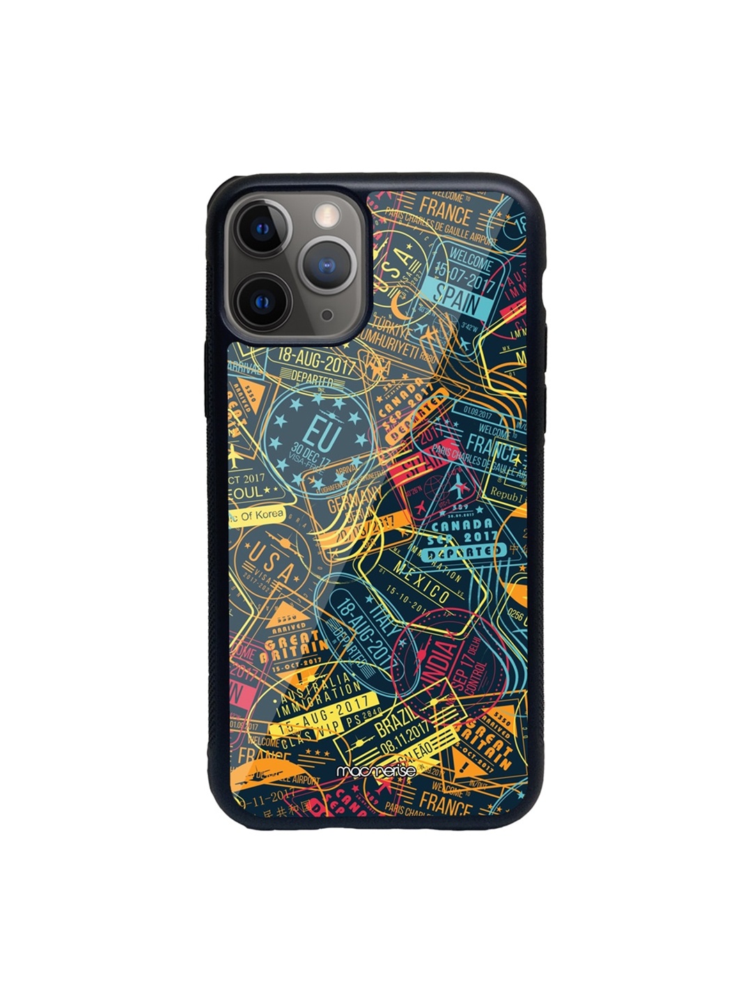 

macmerise Blue & Yellow Immigration Stamps Neon Glass iPhone 11 Pro Max Phone Case