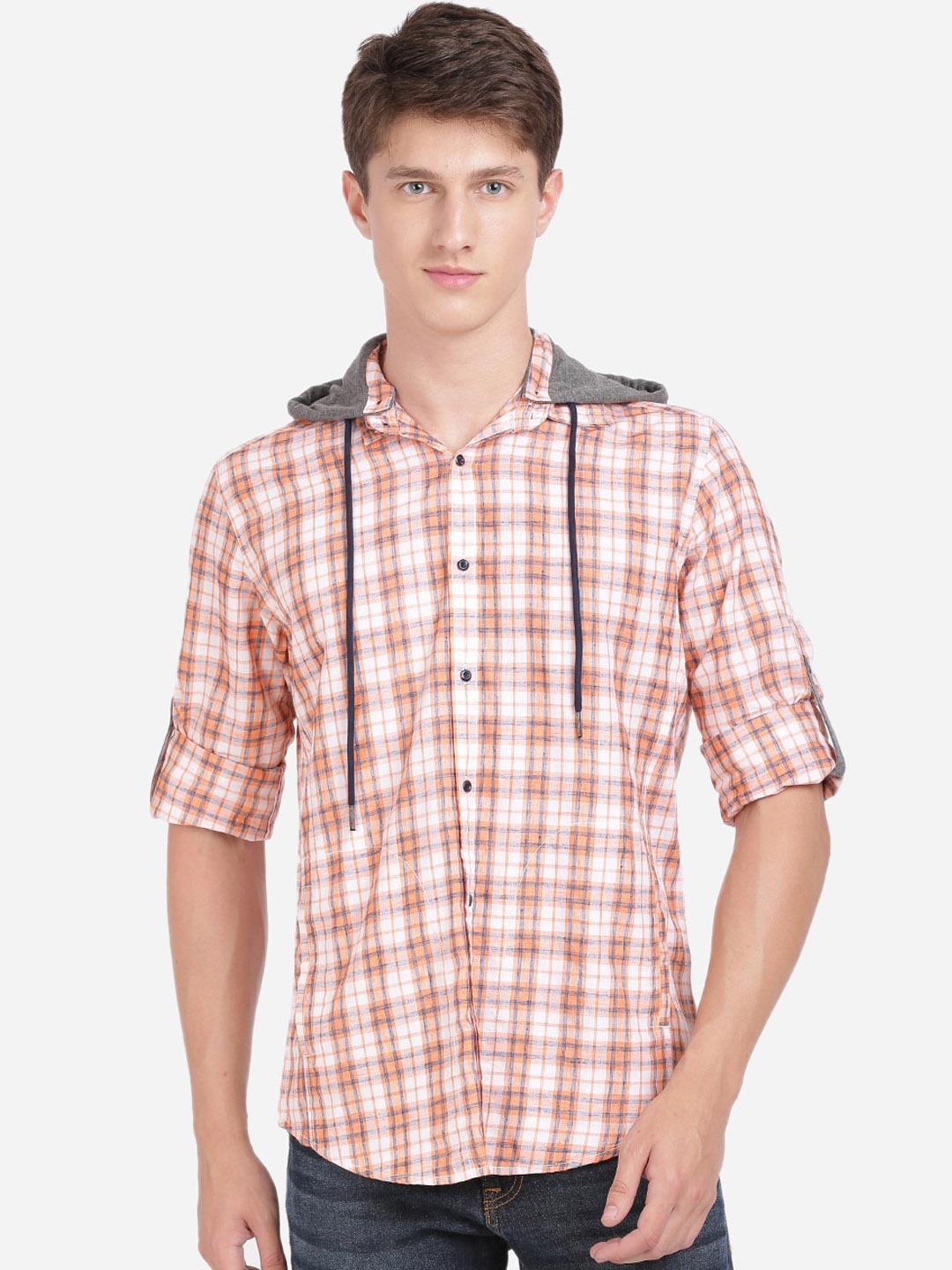 

IVOC Men White & Orange Regular Fit Checked Hooded Casual Shirt