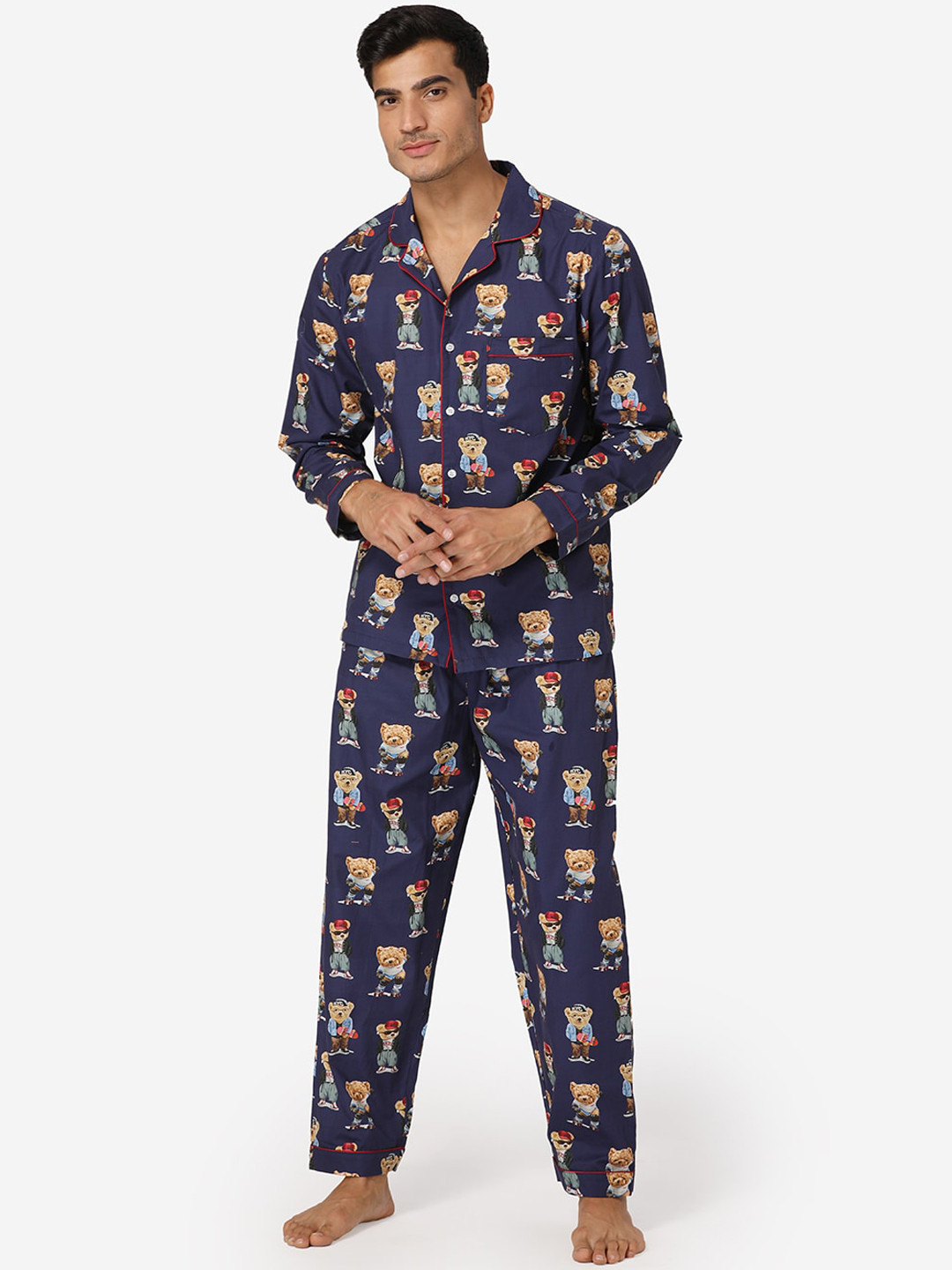 

Fluffalump Men Navy Blue & Beige Printed Night suit