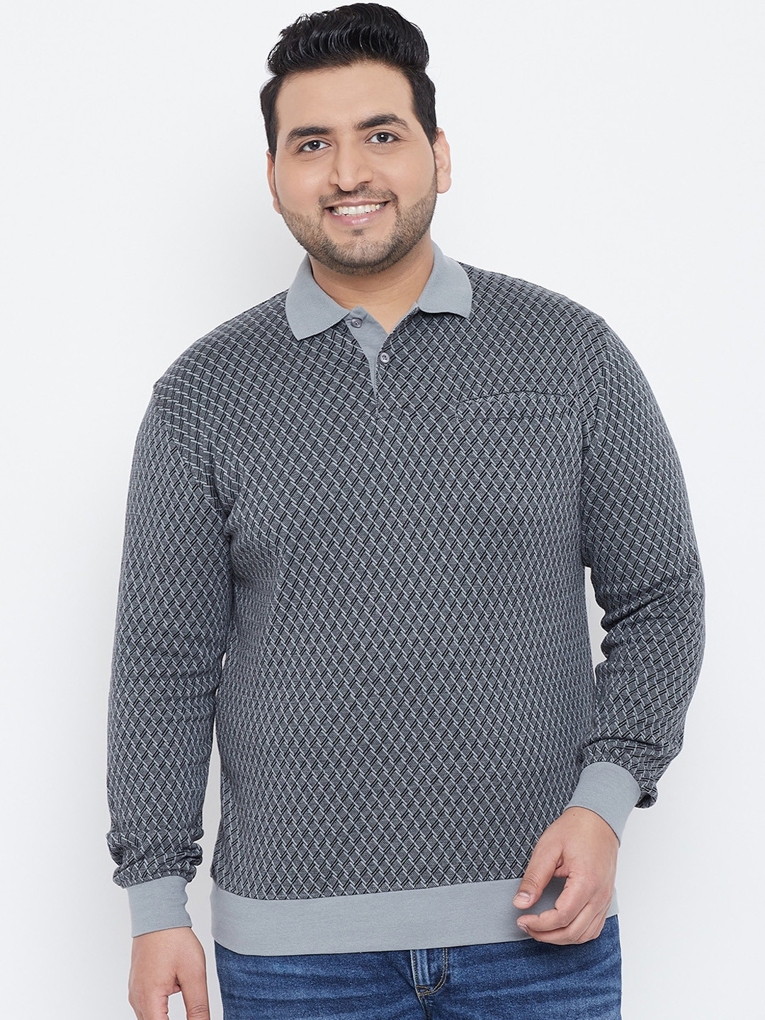 

Austin wood Men Grey Self Design Plus Size Polo Collar T-shirt