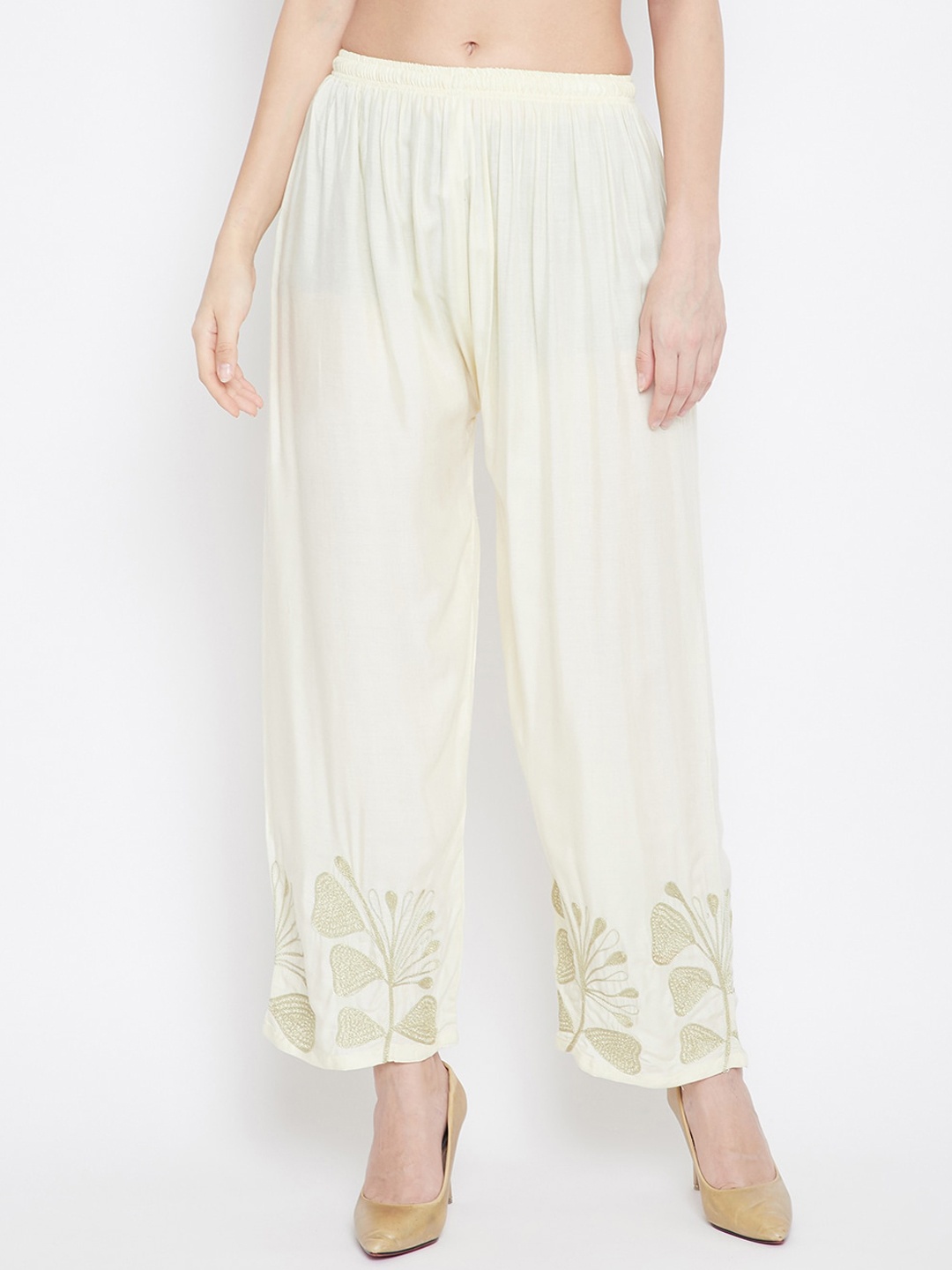 

Clora Creation Women Cream-Coloured & Gold-Toned Hem Design Straight Palazzos