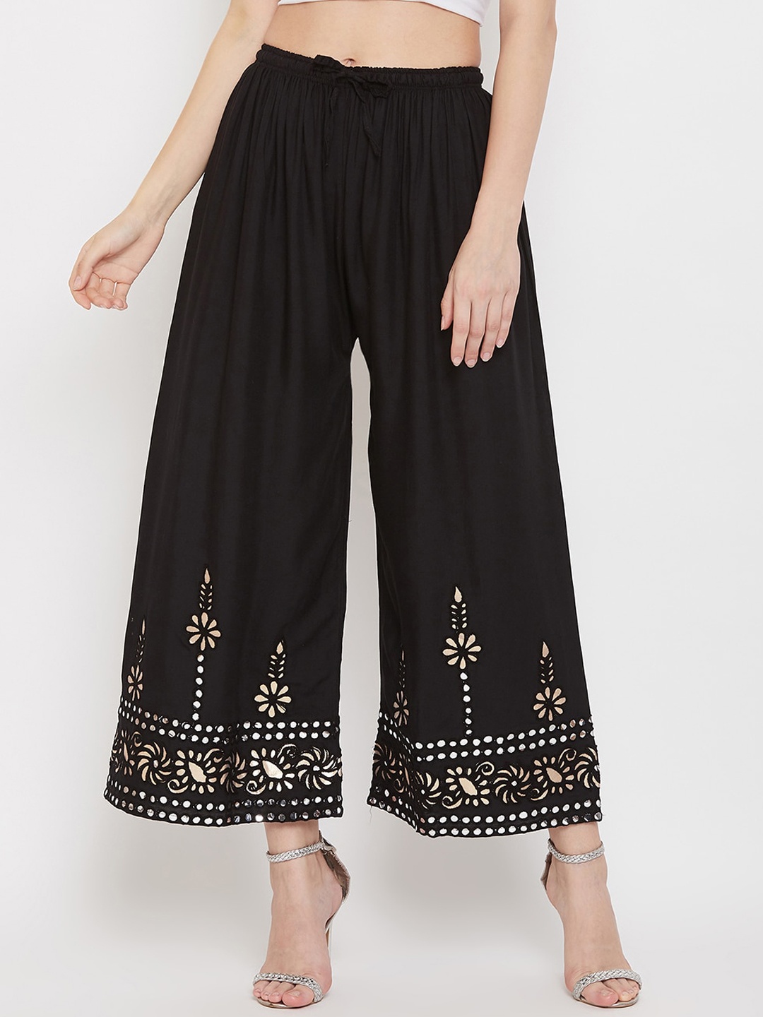Clora Creation Women Black & Gold-Toned Hem Design Wide Leg Palazzos