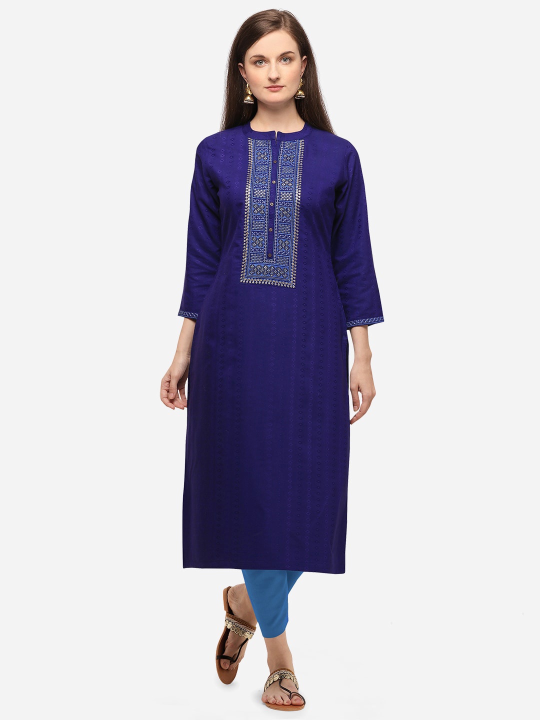 

SheWill Women Navy Blue Ethnic Motifs Yoke Design Thread Work Kurta