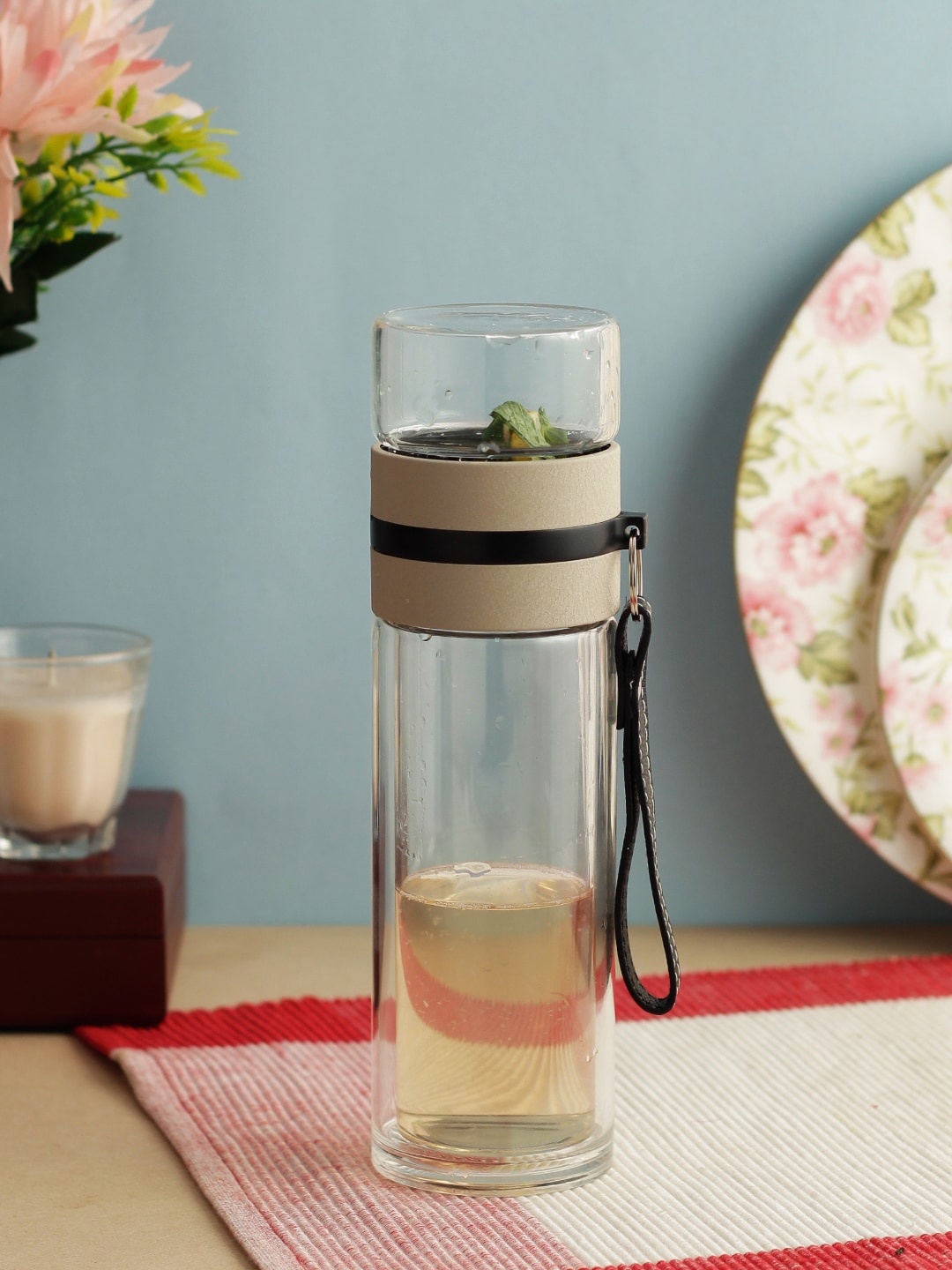 

INCRIZMA Transparent & Black Solid Double Wall Glass Borosilicate Bottle with Infuser 400 ml
