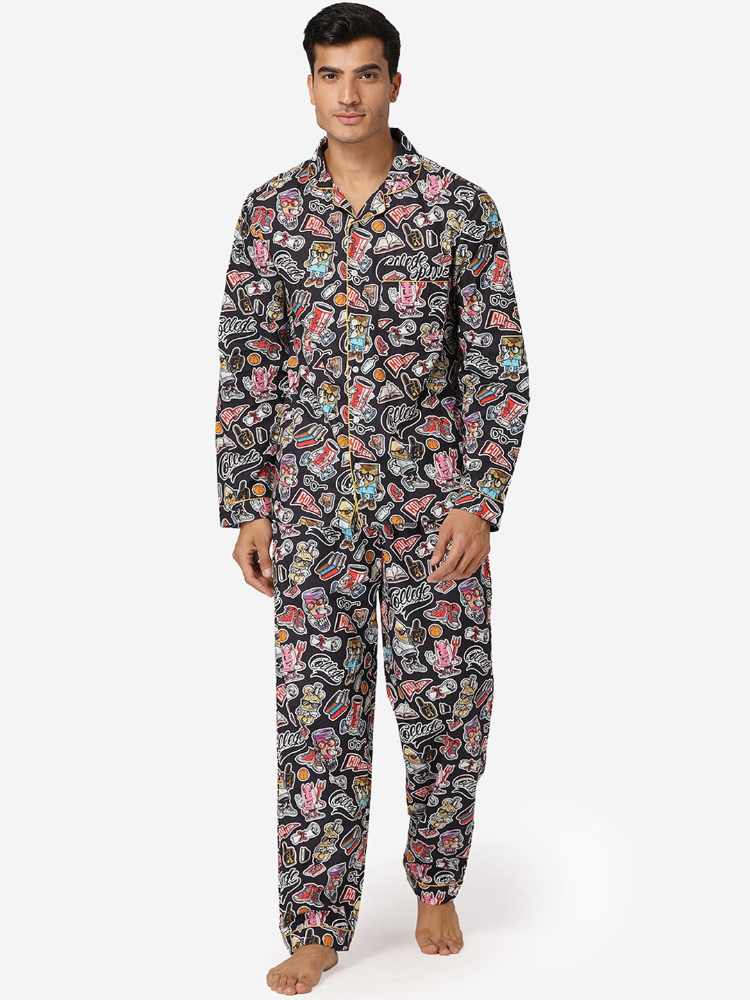 

Fluffalump Men Black & Pink Printed Night suit