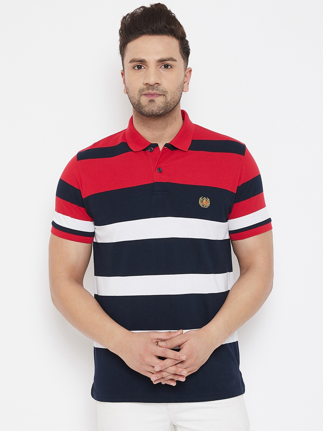 

98 Degree North Men Navy Blue Striped Polo Collar T-shirt