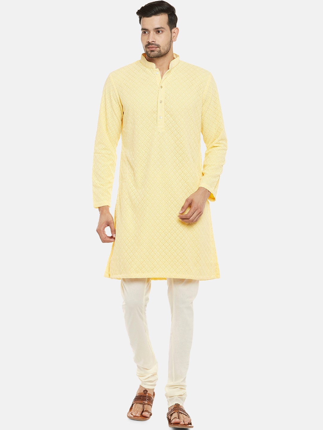 

Ethnicity Men Yellow Self Design Kurta with Pyjamas