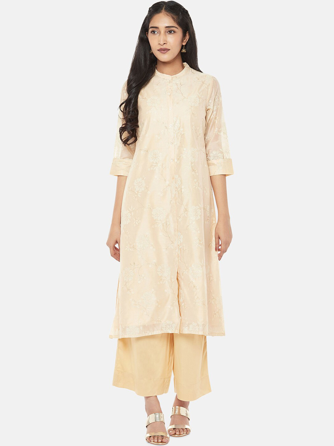 

RANGMANCH BY PANTALOONS Women Gold-Toned Floral Thread Work Kurta