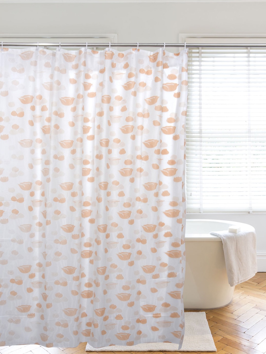 

Clasiko Peach & White Printed PVC Plastic Shower Curtain With Hooks