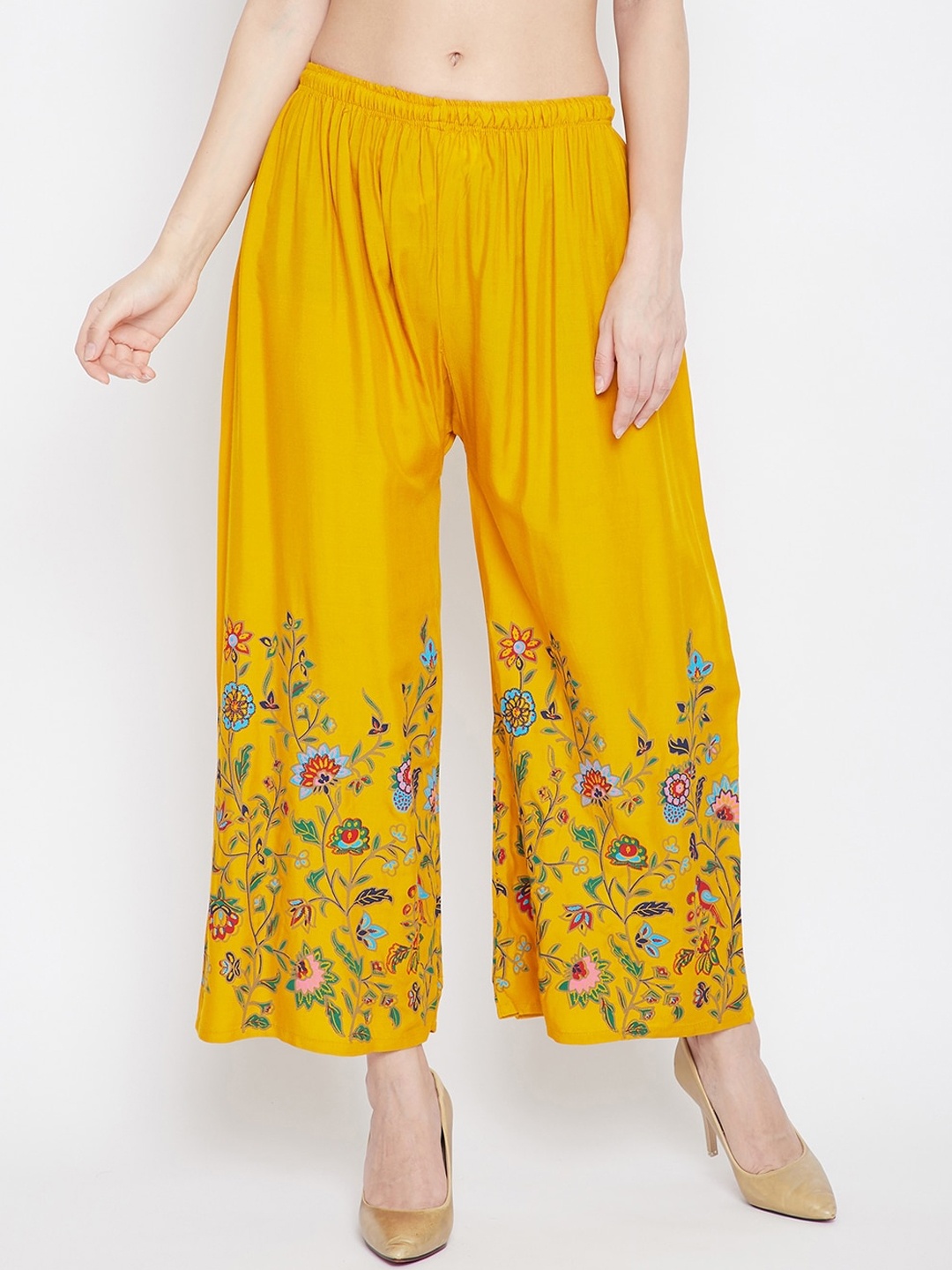 

Clora Creation Women Mustard Yellow & Blue Floral Printed Cropped Ethnic Palazzos