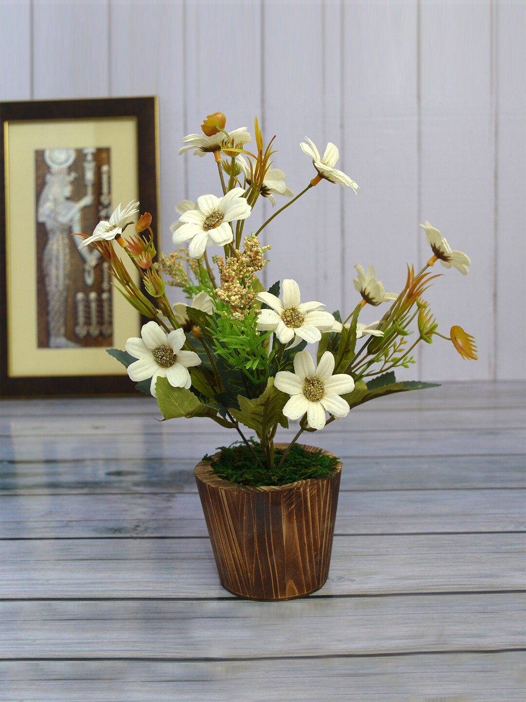 

fancy mart White & Green Artificial Daisy Flower in Round Wooden Pot