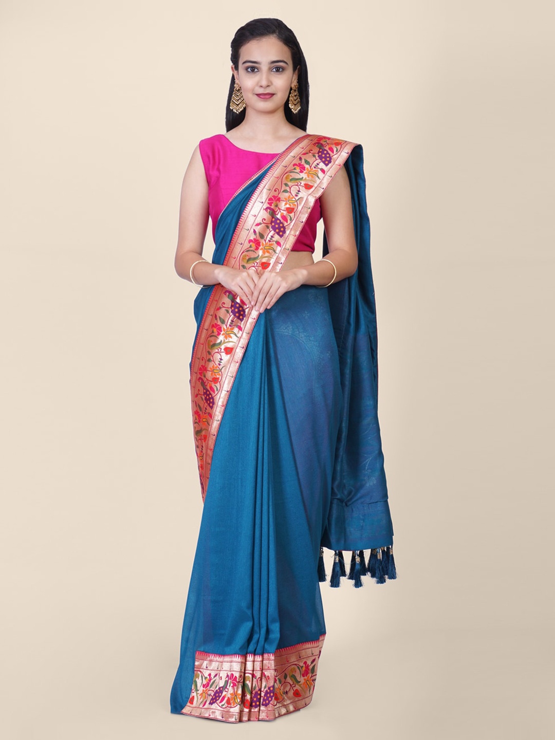 

Hastakala Blue Pure Linen Solid Paithani Saree