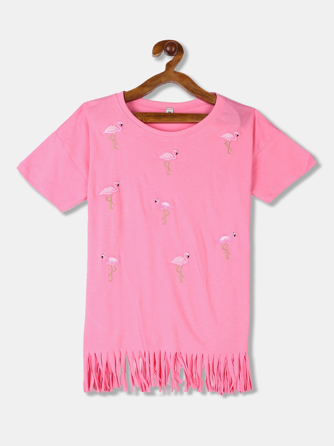 

Cherokee Girls Pink & White Embroidered Self Design Round Neck T-shirt