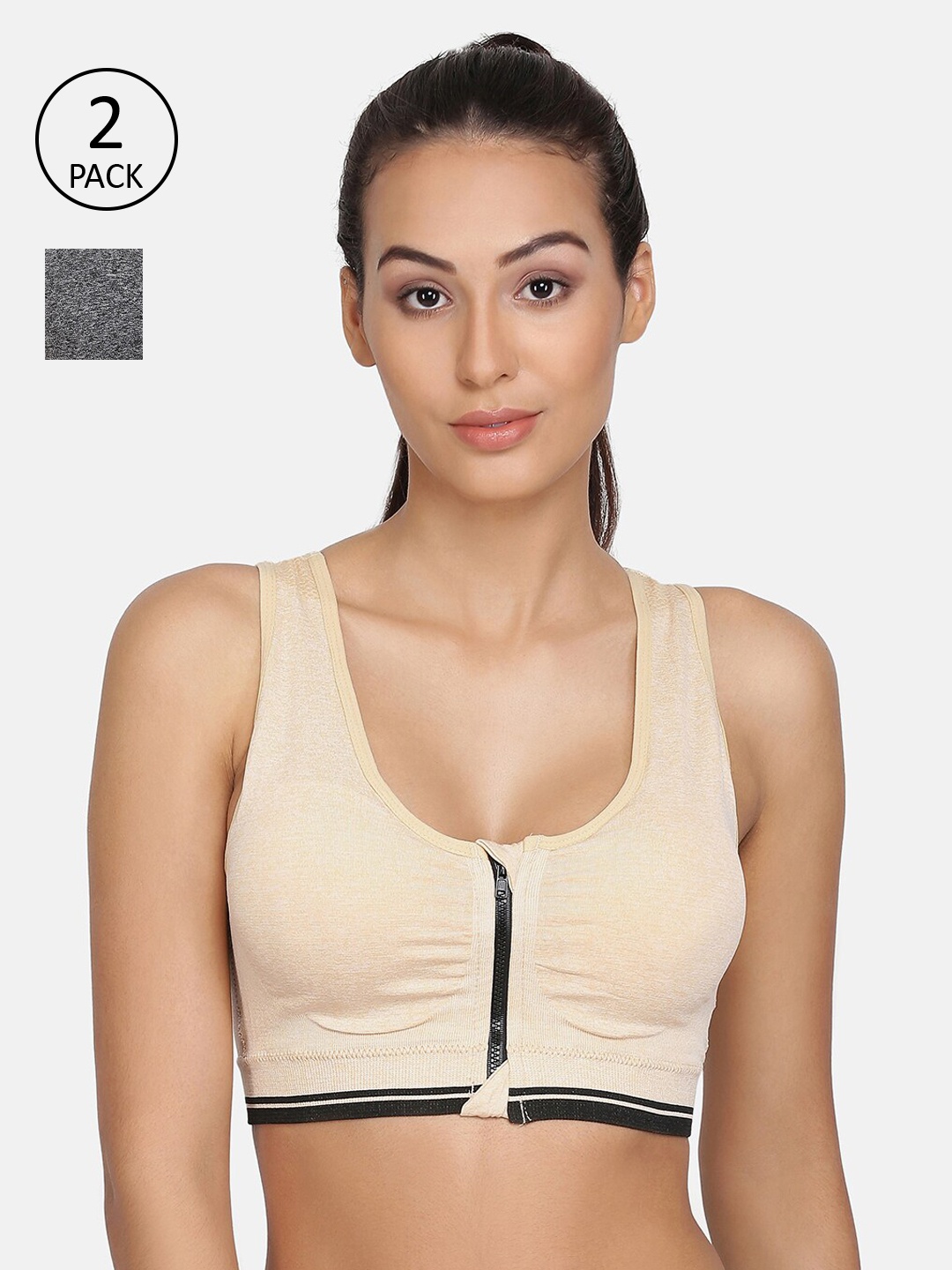

PRETTYBOLD Pack of 2 Beige & Grey Racerback Non-Wired Lightly Padded Workout Bra PBX-03