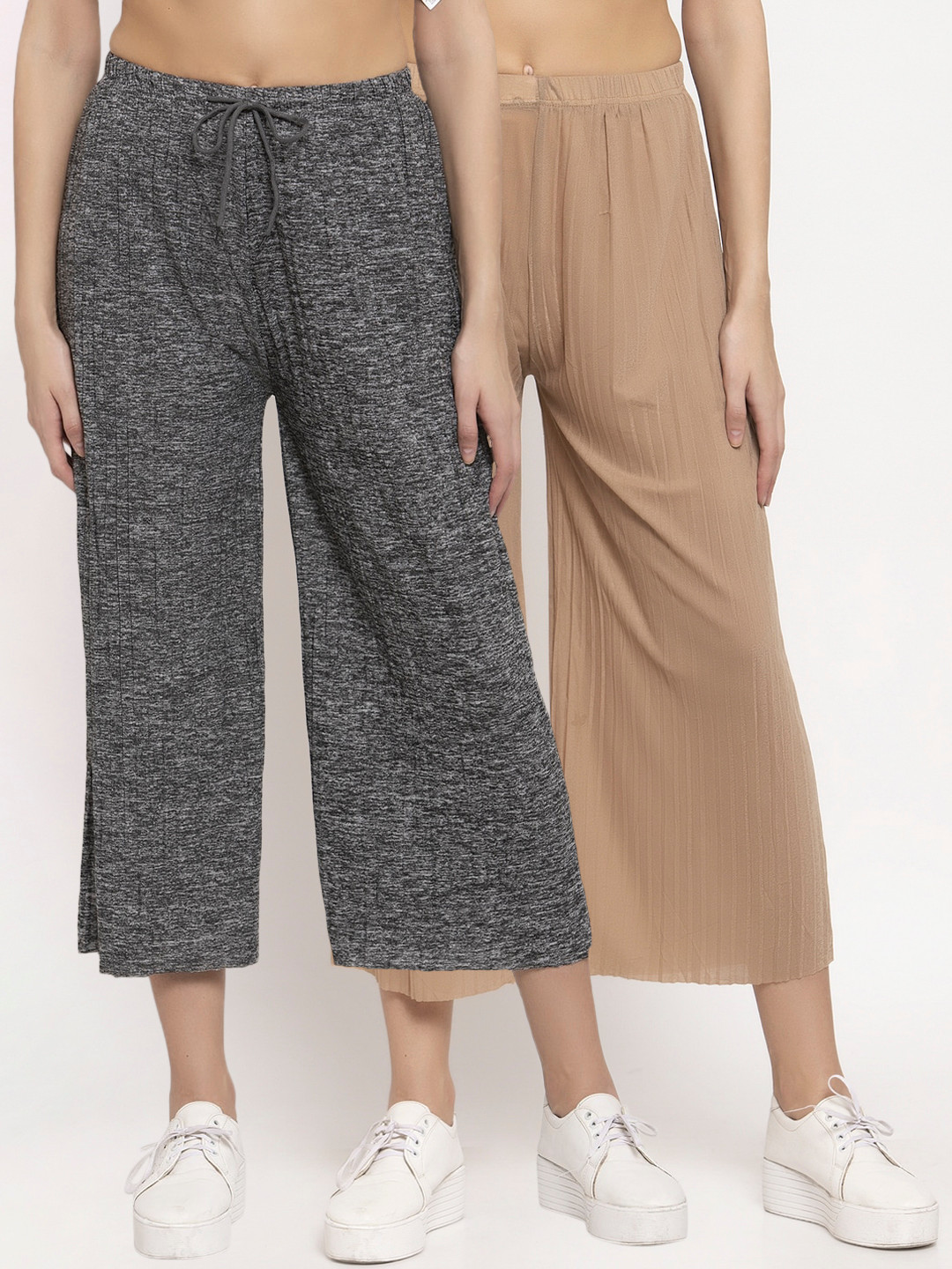 

KLOTTHE Women Pack of 2 Self Striped Cropped Straight Palazzos, Charcoal