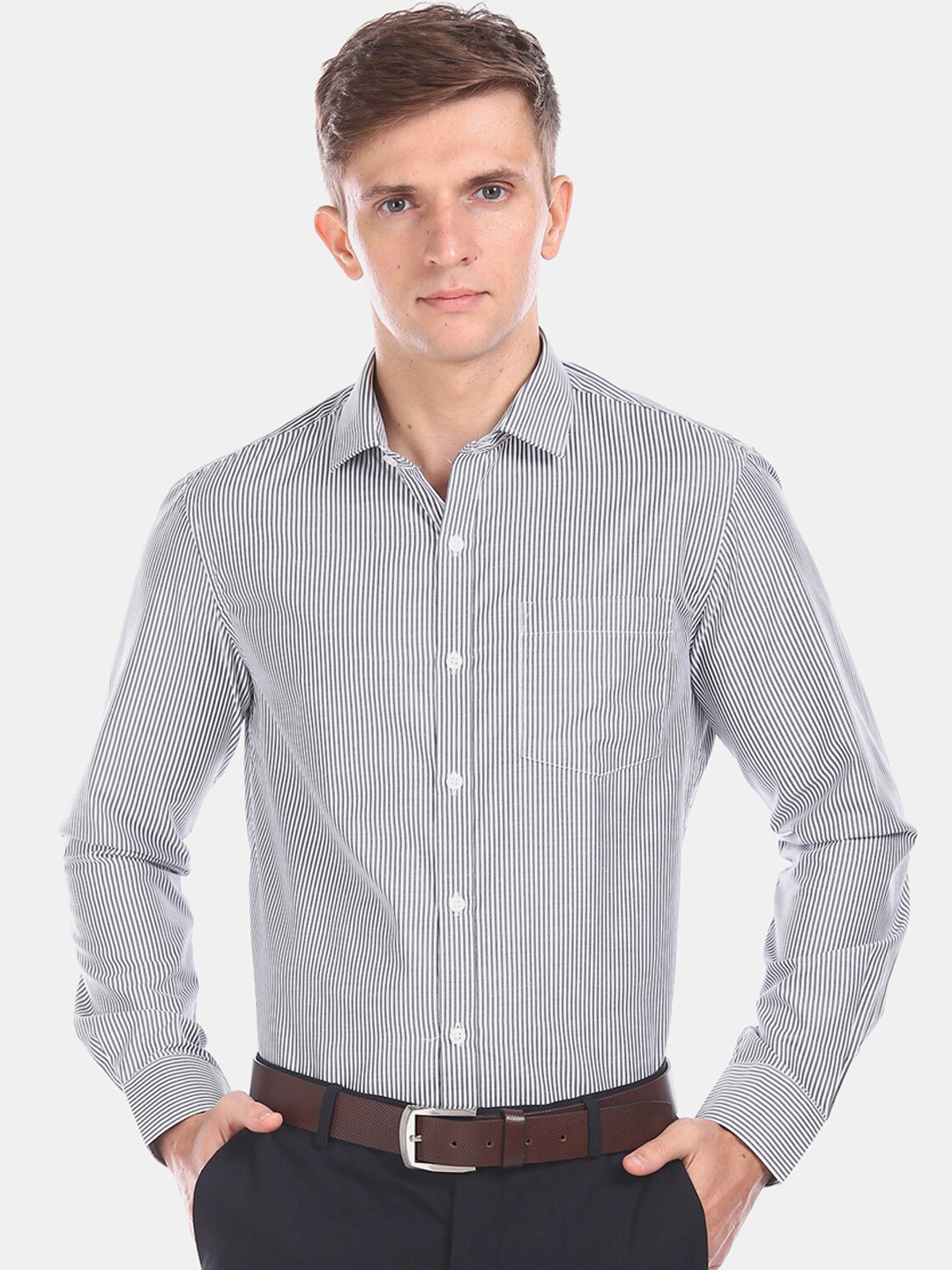 

Excalibur Men Charcoal & White Pinstripes Striped Formal Shirt