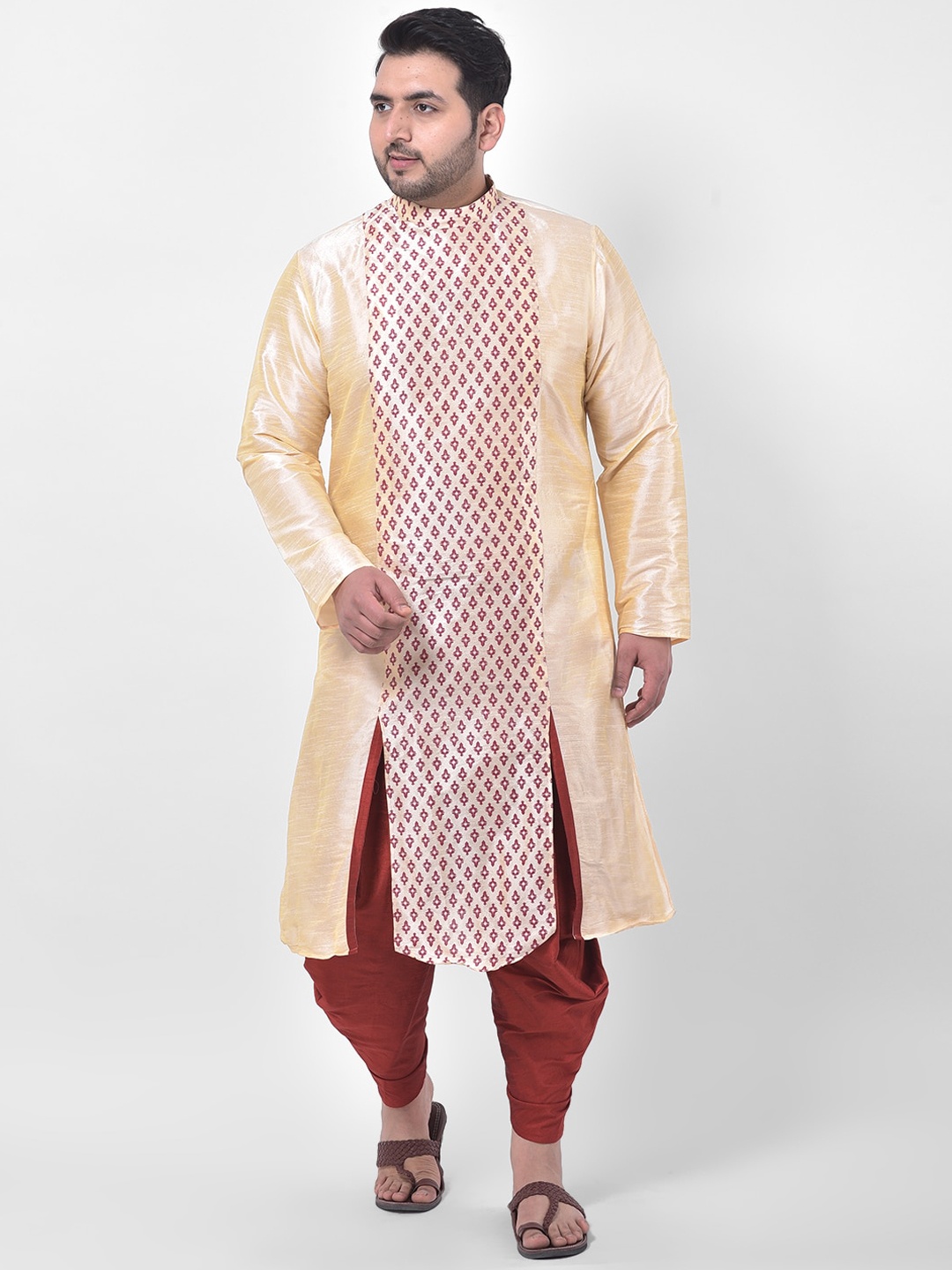 

DEYANN PLUS Men Cream-Coloured & Pink Printed Kurta with Pyjamas